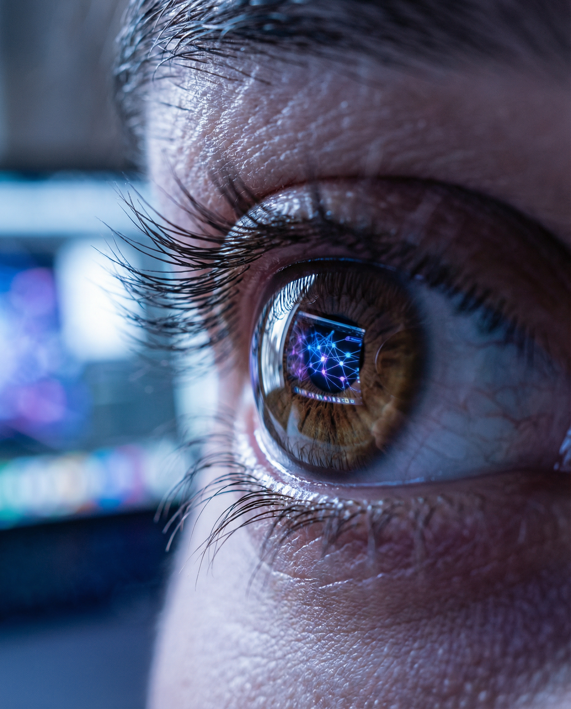 Photorealistic editorial photograph: extreme close-up macro shot of laptop screen reflecting in human eye, neural network visualization patterns visible in iris reflection creating abstract data flow,