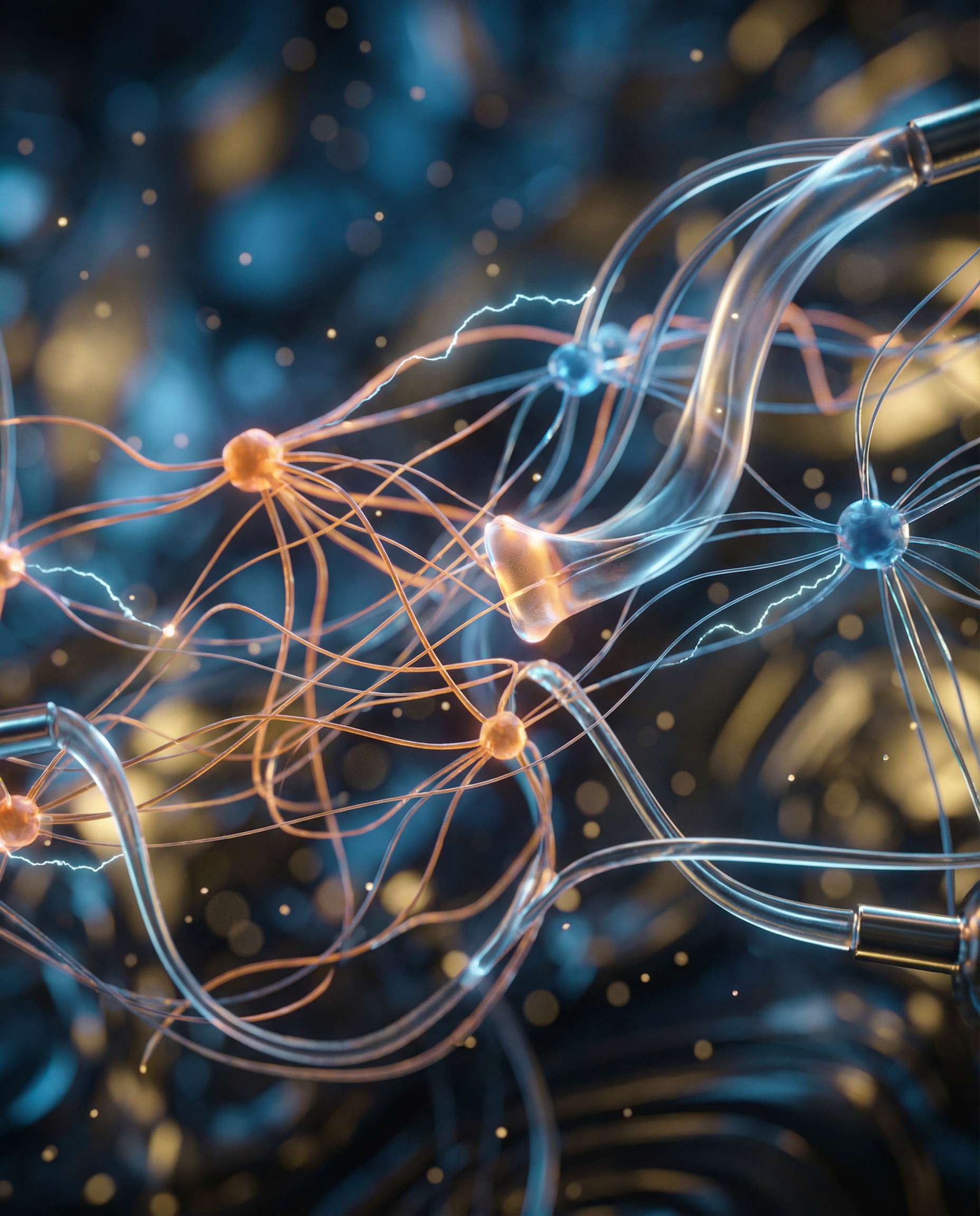 Photorealistic editorial photograph: extreme macro close-up of neural network visualization, glowing orange and blue data nodes interconnecting like synapses, shallow depth of field with bokeh backgro