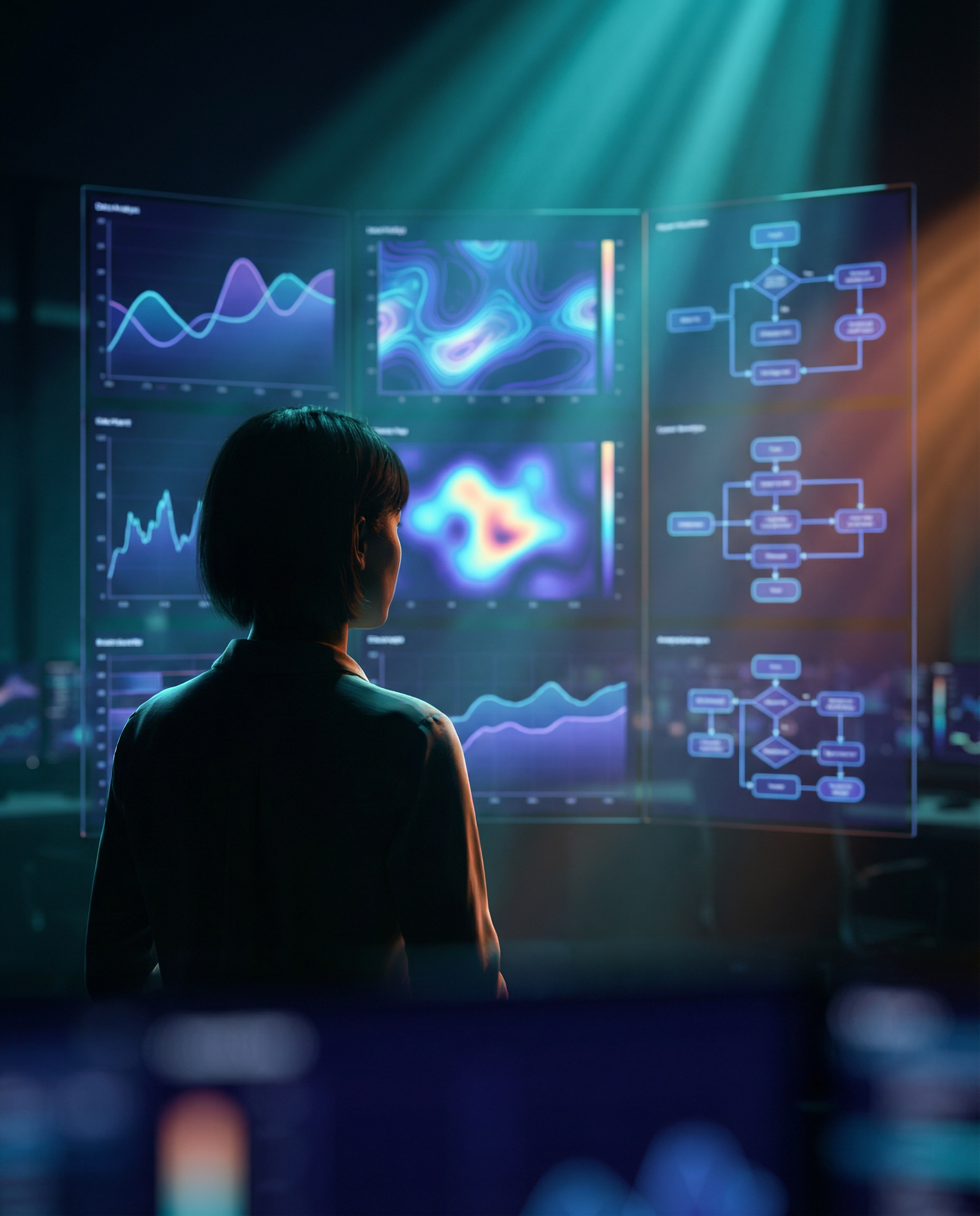 Photorealistic editorial photograph: over-the-shoulder view of data analyst studying massive wall of translucent screens showing customer behavior prediction graphs, heat maps, and purchase pattern fl