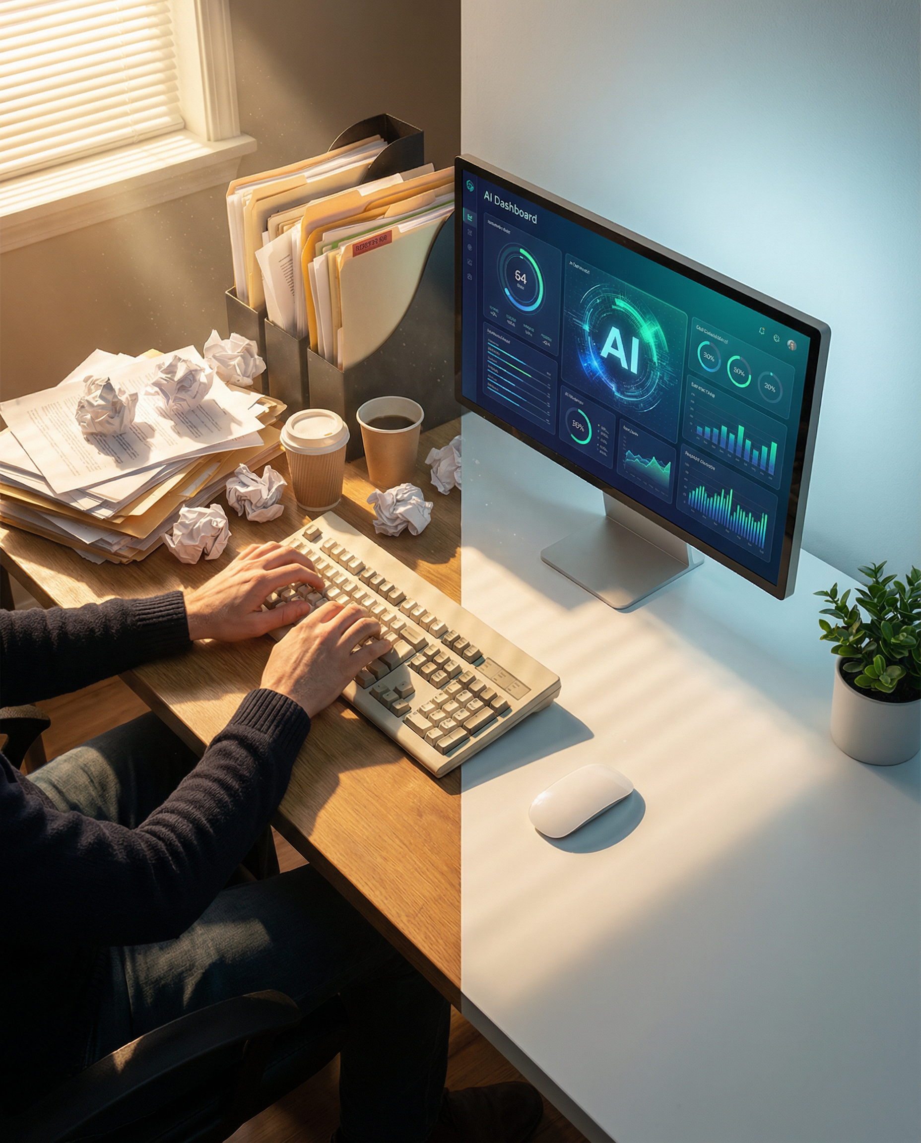 Photorealistic editorial photograph: split-screen workspace showing contrast between chaotic left side with stacked papers and stressed hands typing frantically versus calm right side with clean desk