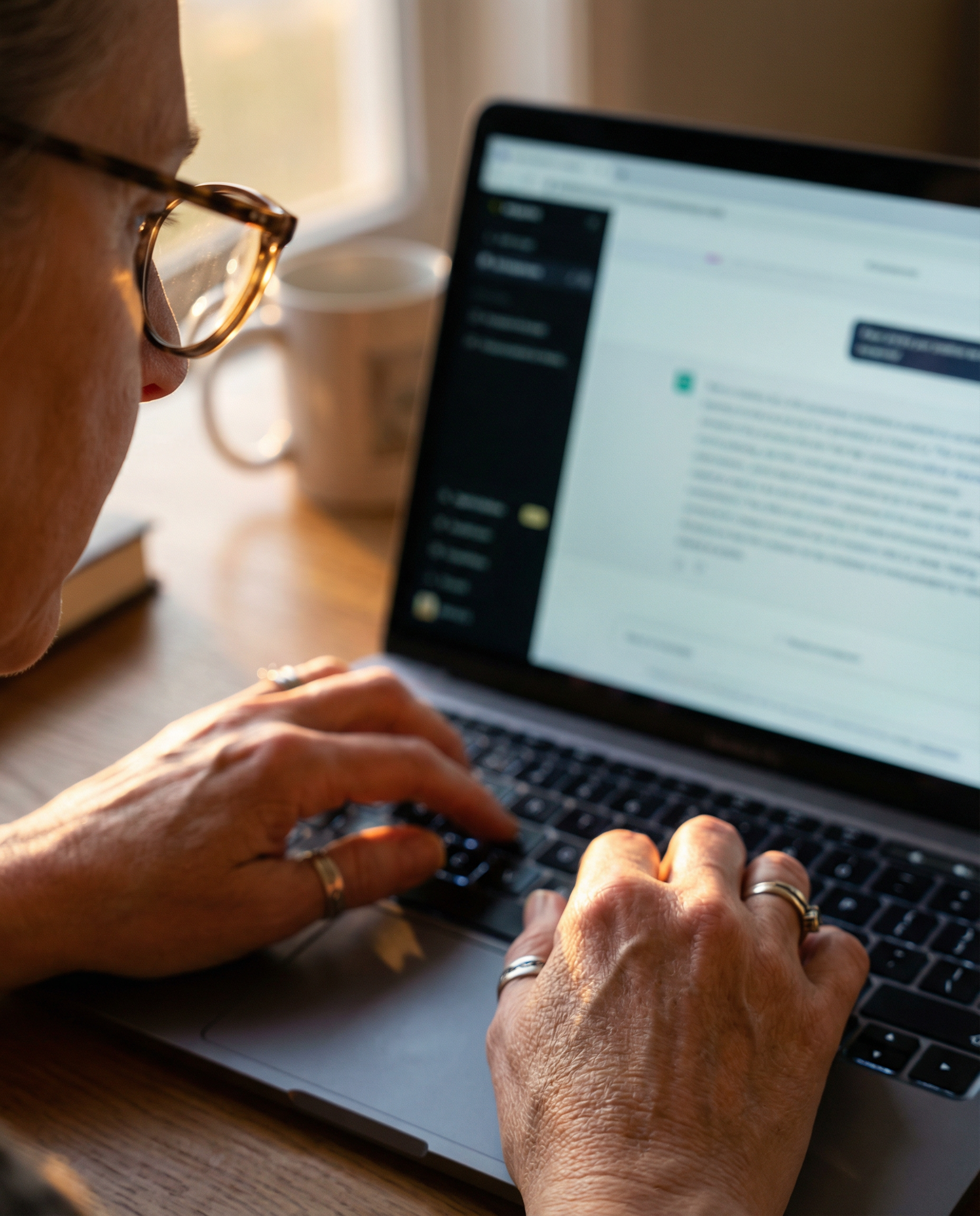 Photorealistic editorial photograph: intimate close-up of hands typing on laptop keyboard, screen reflection visible in reading glasses showing ChatGPT interface generating marketing copy, warm golden