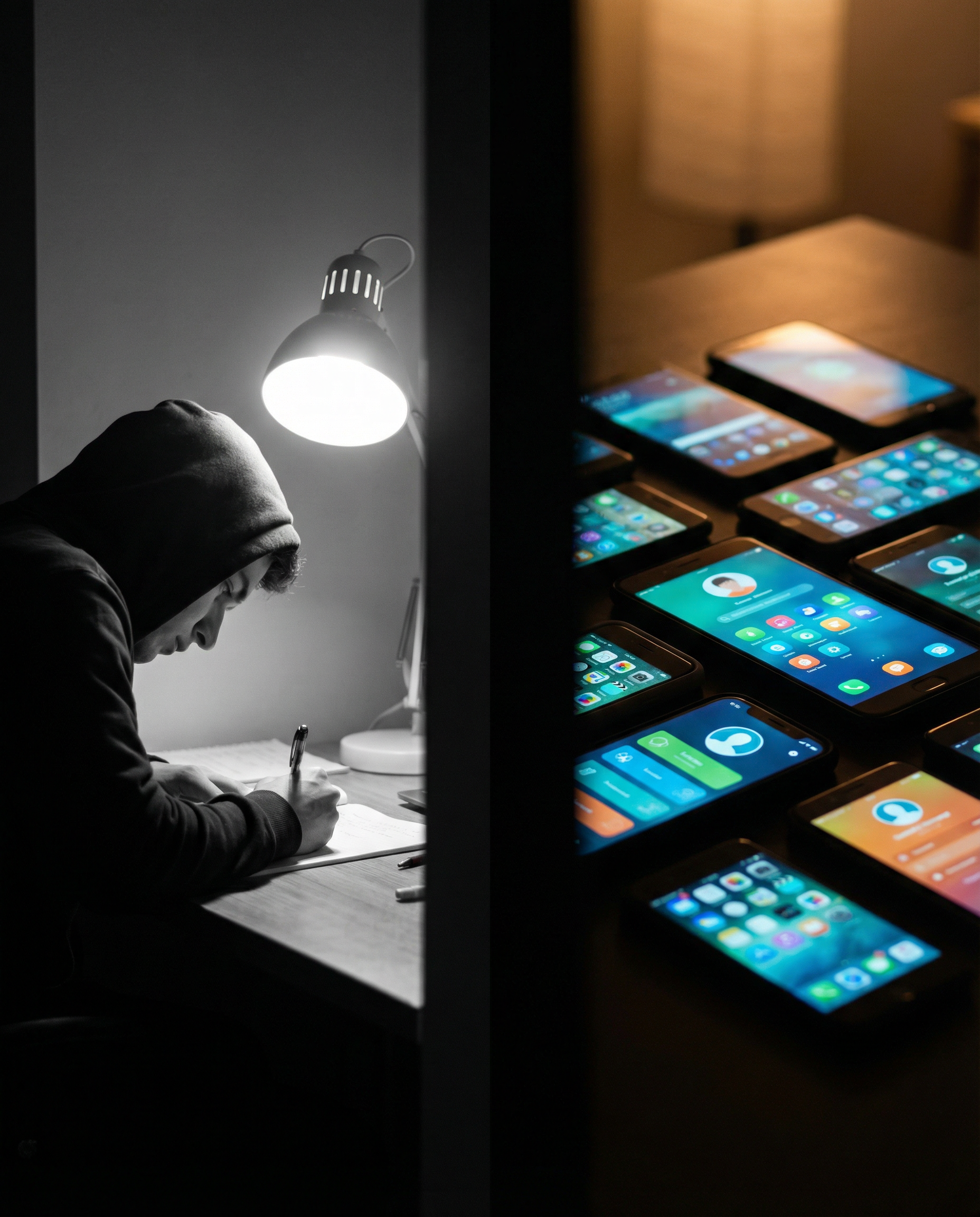 Photorealistic editorial photograph: split-screen moment showing contrast, left side human copywriter hunched over desk writing single email by hand under harsh white light, right side multiple smartp