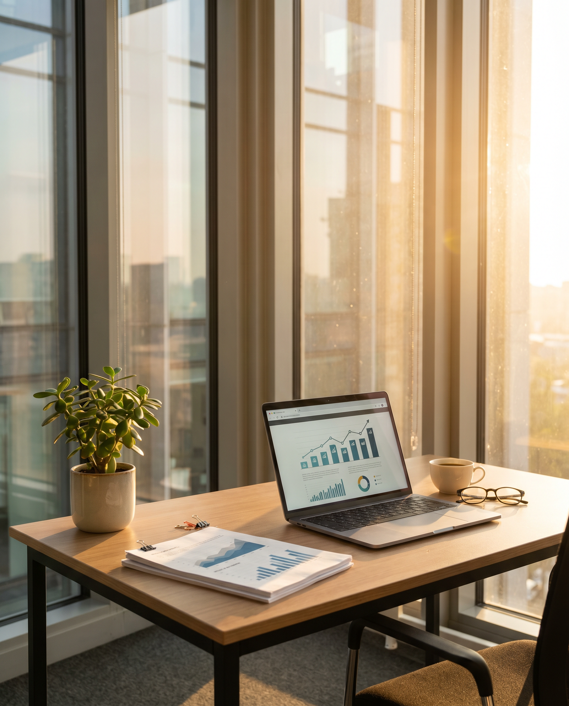 Photorealistic editorial photograph: editorial wide shot of sunlit modern office desk after successful work session, open laptop displaying published article with visible engagement metrics rising, pr