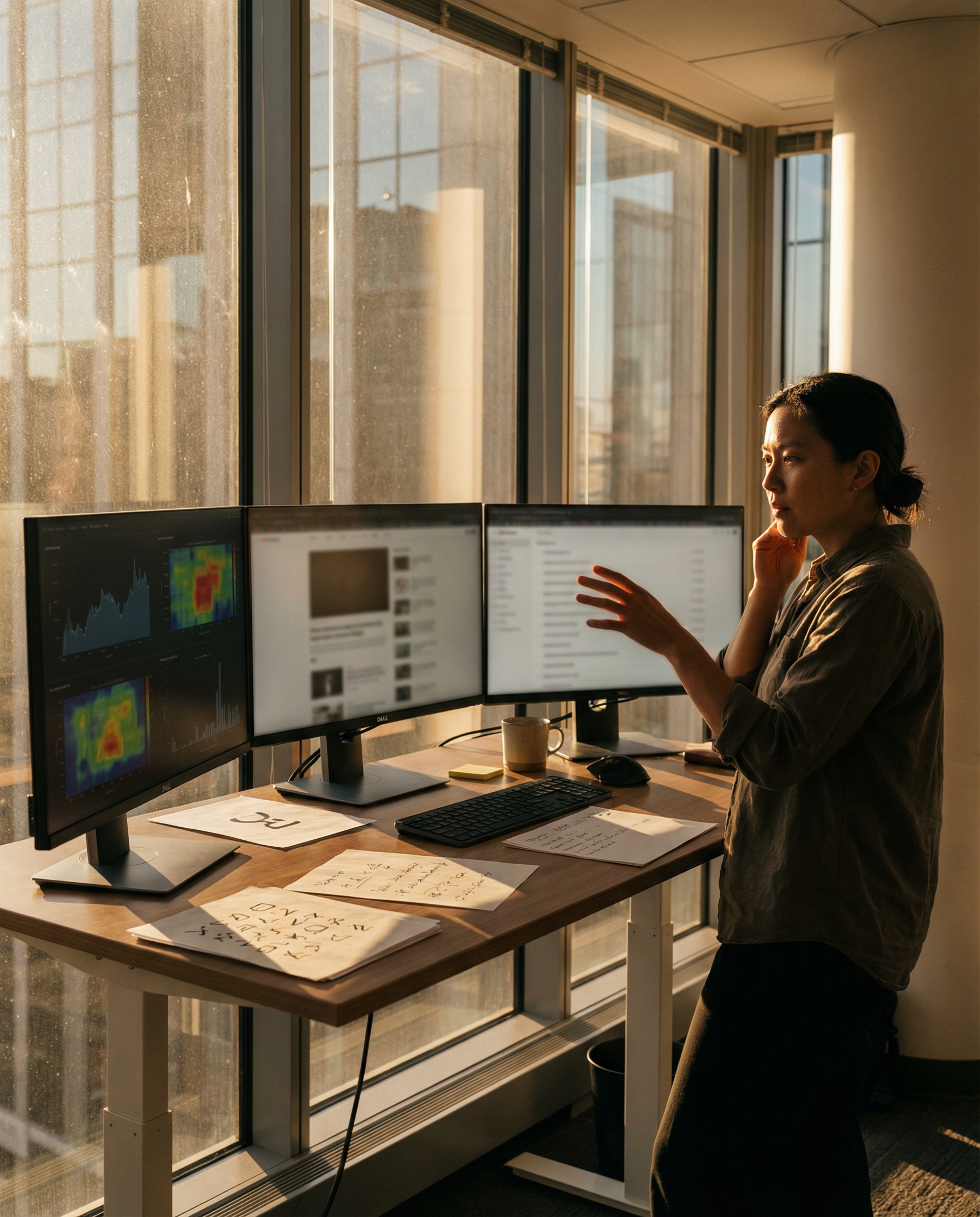 Photorealistic editorial photograph: wide establishing shot of modern content strategist at standing desk surrounded by three monitors displaying search intent analytics dashboards and competitor arti
