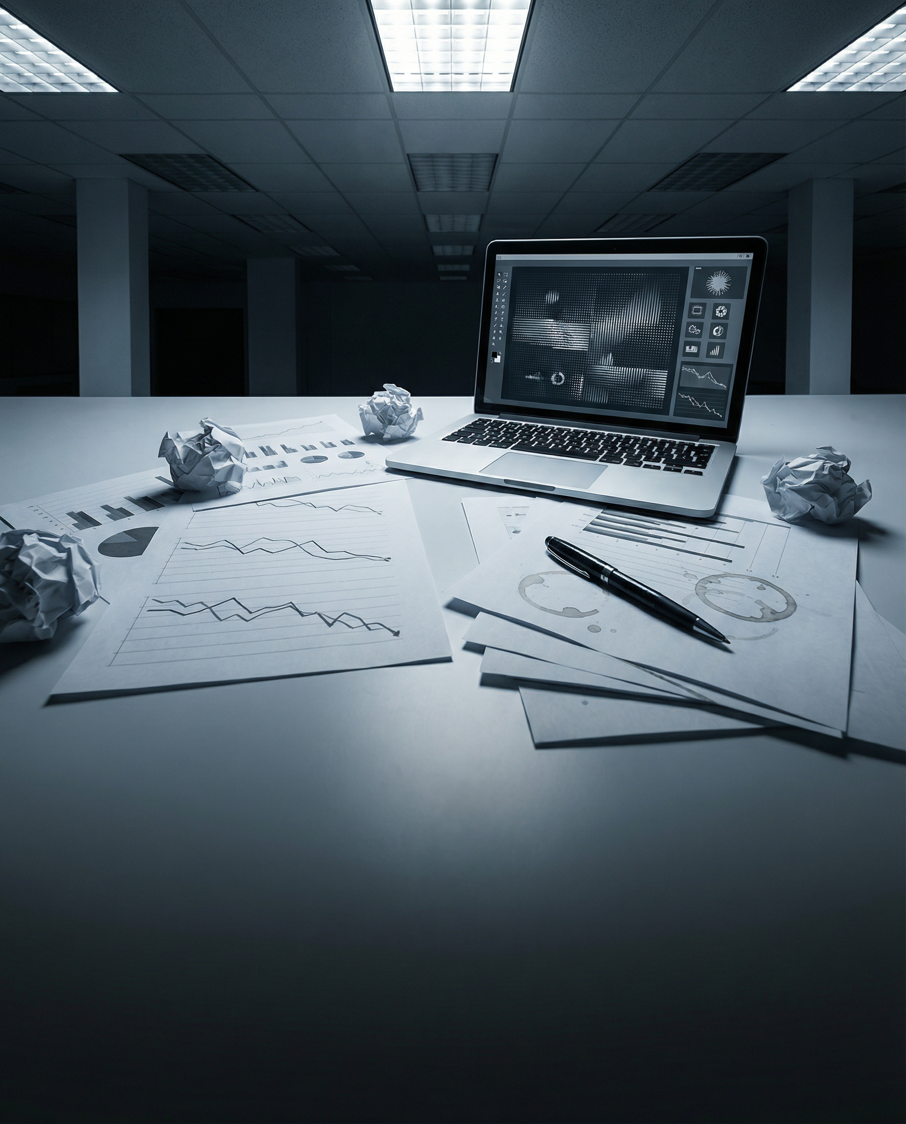 Photorealistic editorial photograph: wide shot of modern workspace desk surface from low angle, scattered printed analytics reports with declining graph lines, crumpled paper drafts discarded around l