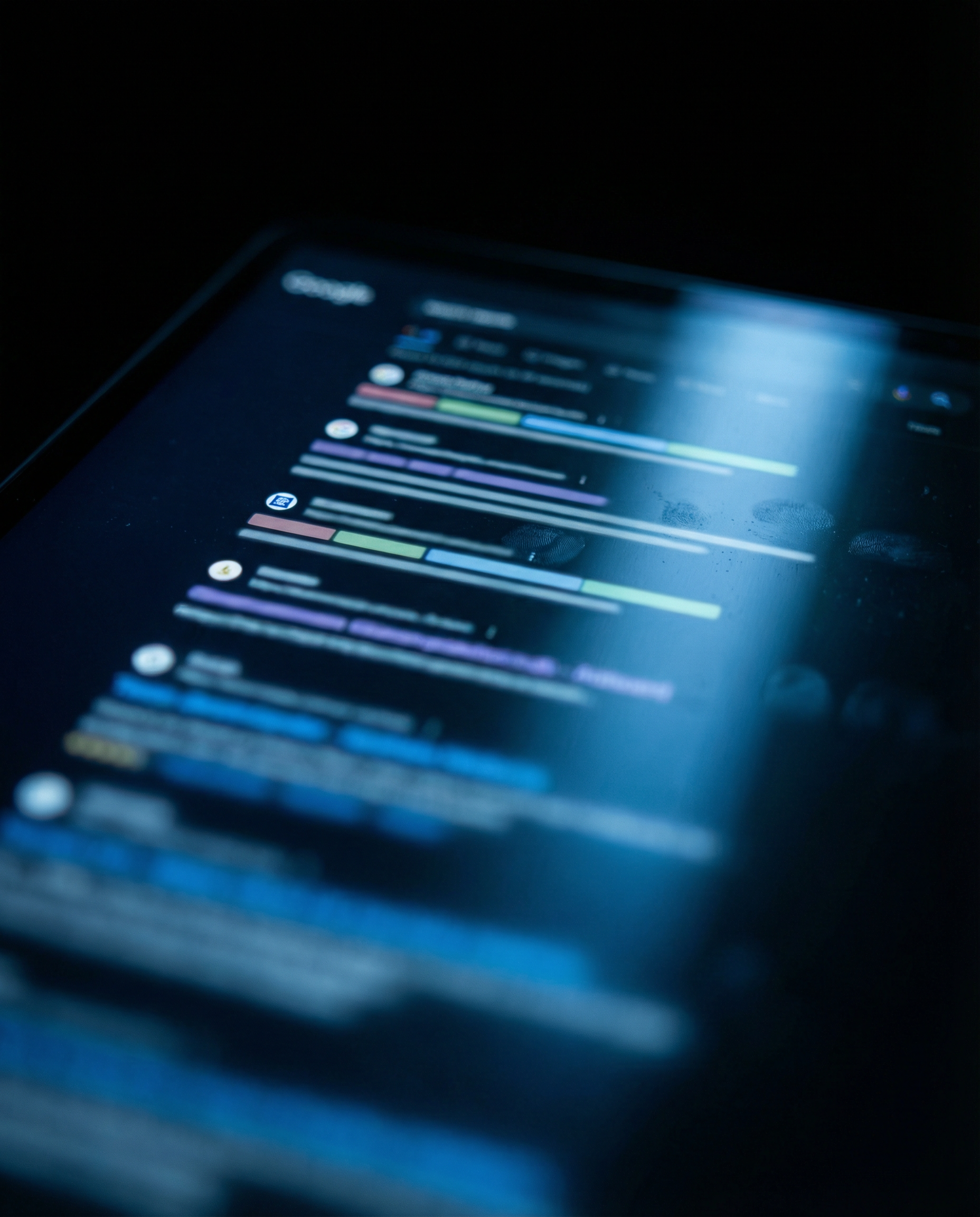 Photorealistic editorial photograph: extreme close-up macro shot of computer screen displaying search engine results page with ranking positions, shallow depth of field showing only top three results
