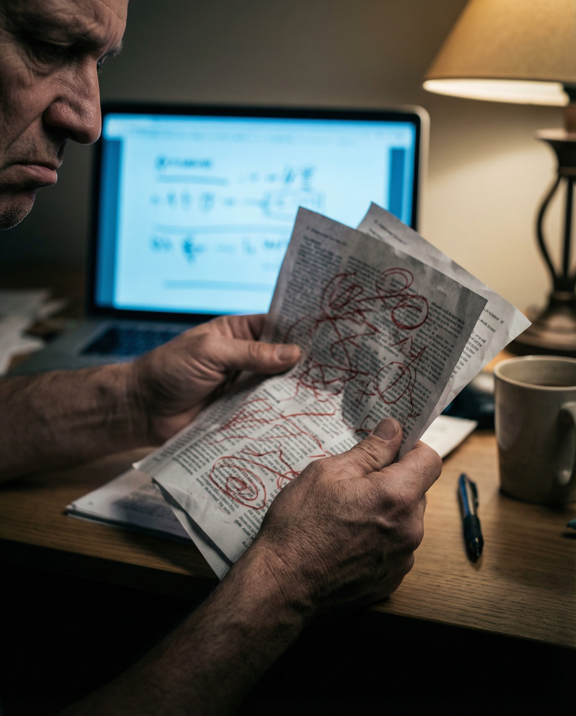 Photorealistic editorial photograph: tense close-up of human hands reviewing printed AI-generated content with red correction marks covering the pages, laptop screen glowing with generic robotic text