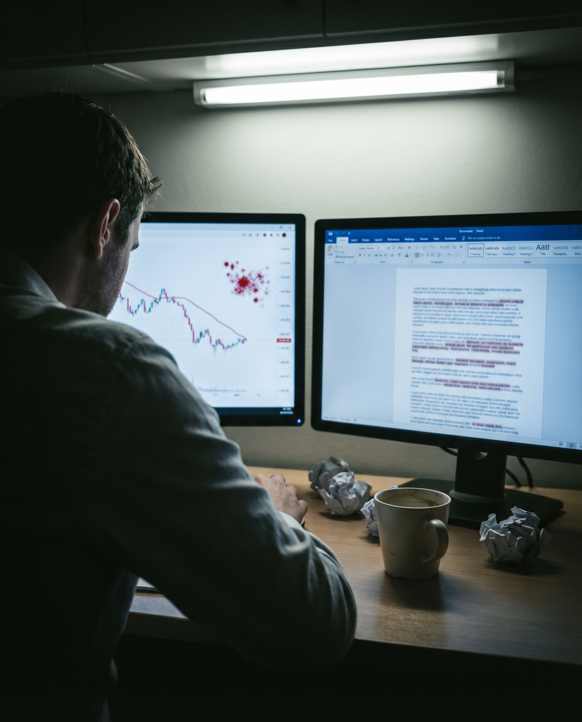 Photorealistic editorial photograph: over-the-shoulder shot of digital marketer's dual monitor setup showing Google Search Console graph with declining traffic in red on left screen and generic AI-wri