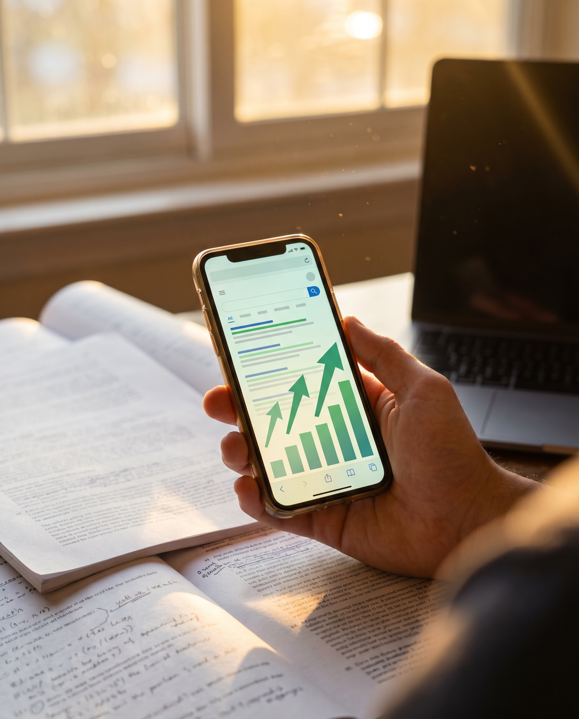 Photorealistic editorial photograph: triumphant close-up of smartphone held in hand displaying first-page Google search ranking results with green upward trending analytics arrows, background shows pr
