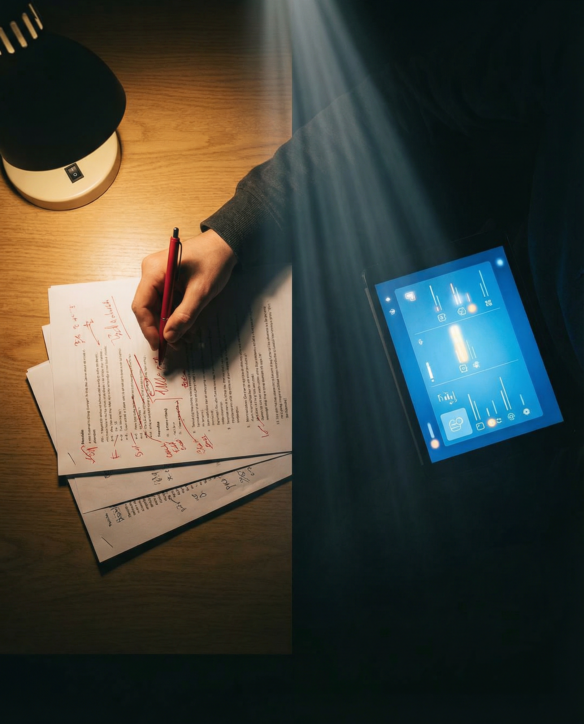 Photorealistic editorial photograph: dramatic split-screen composition showing two contrasting moments - left side has person manually editing document with red pen marks and annotations on printed pa