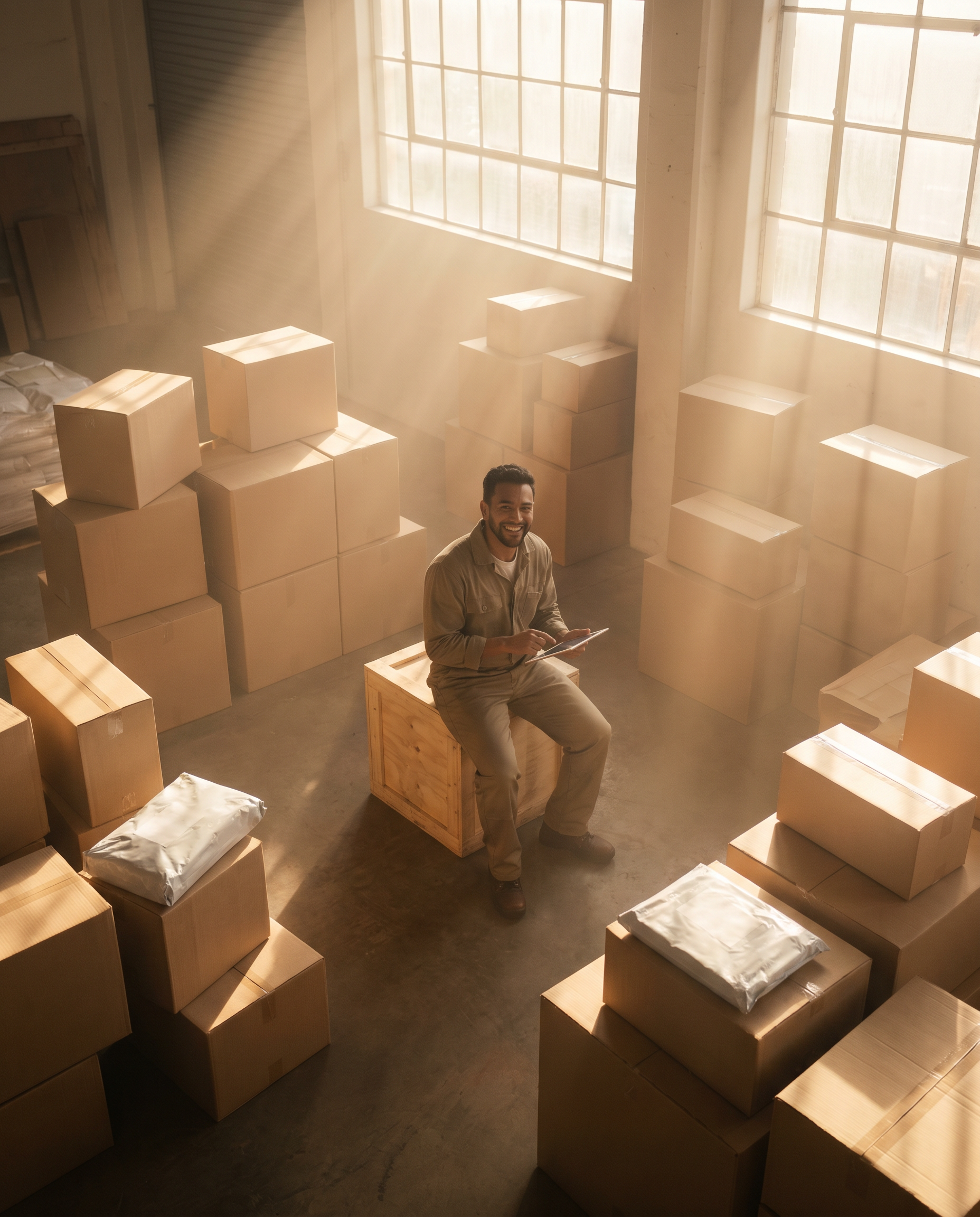 Photorealistic editorial photograph: wide aerial-angle view of a tiny independent online shop owner surrounded by packaged parcels, smiling while reviewing a tablet, morning light flooding through war
