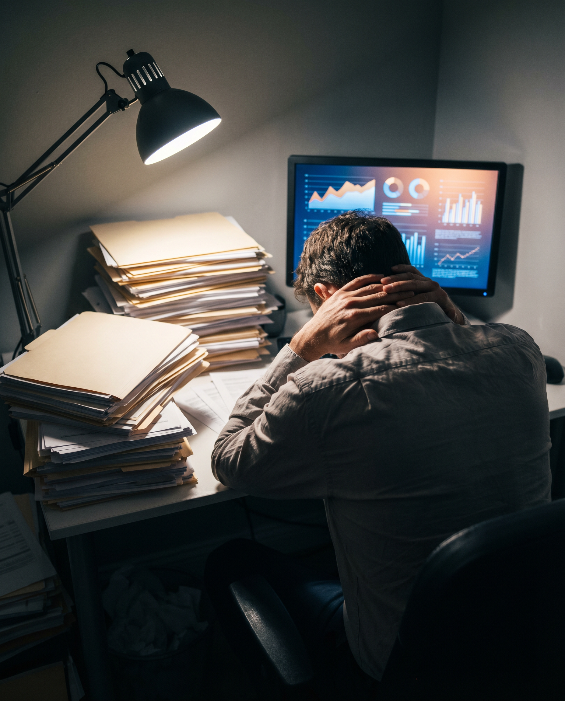 Photorealistic editorial photograph: over-the-shoulder low angle of a solo tax consultant in a compact cluttered office, stacks of physical folders on left dramatically contrasted against a clean glow