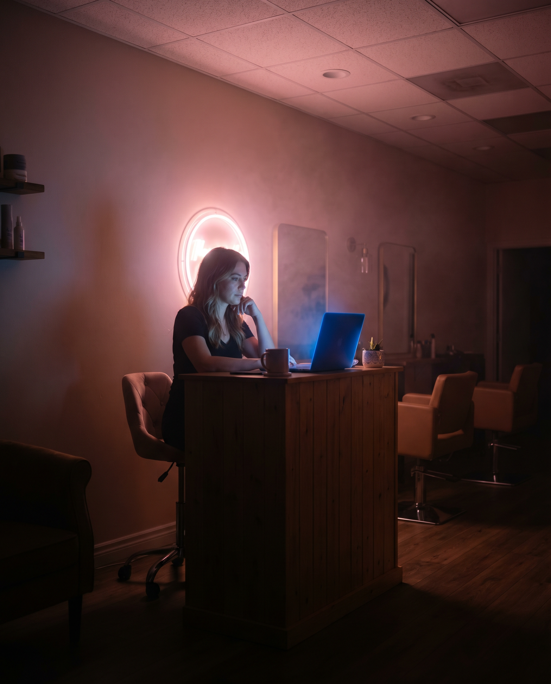 Photorealistic editorial photograph: a small hair salon at dusk, single owner sitting alone at reception desk, laptop glowing with an AI scheduling interface reflecting on her face, neon sign behind c