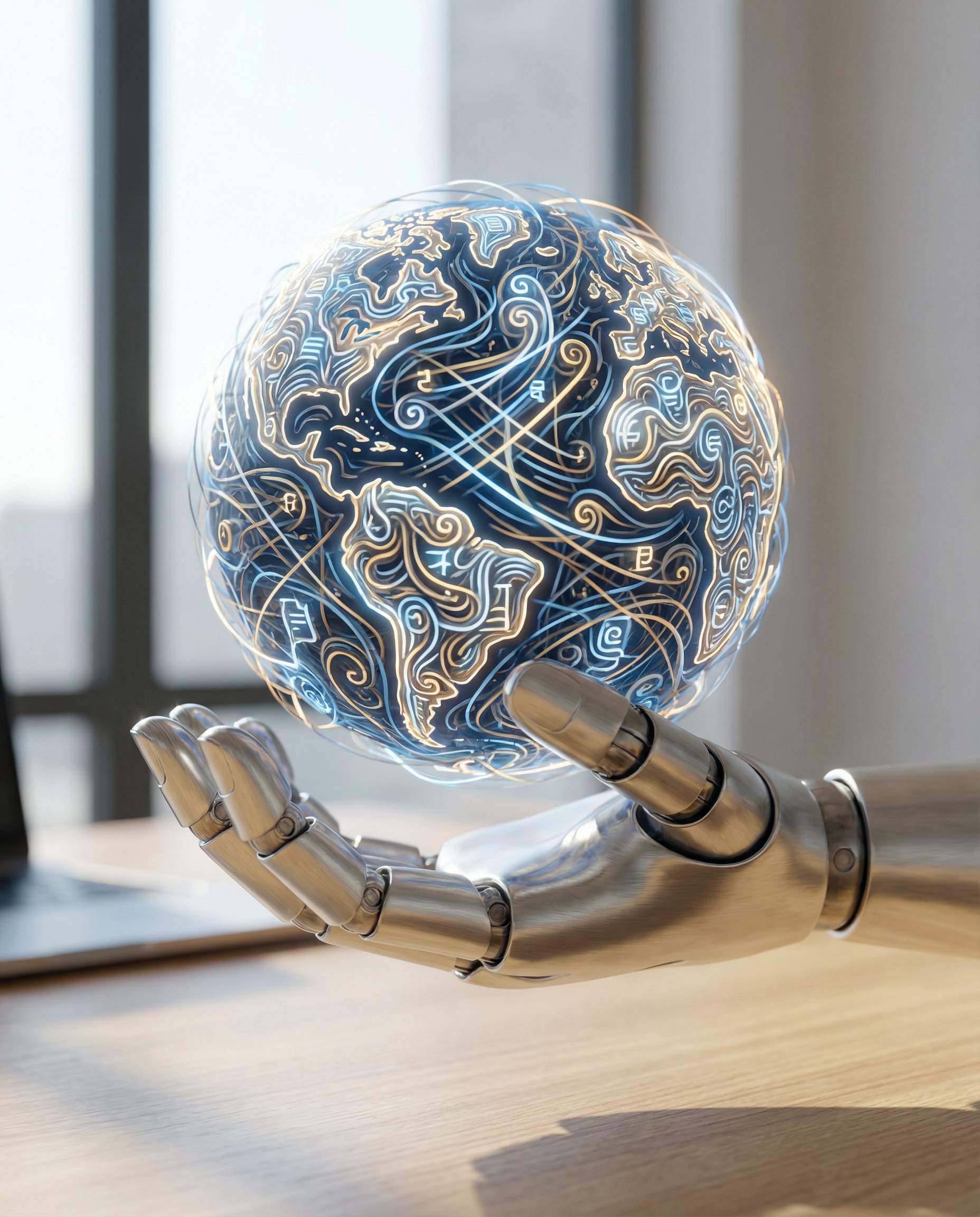 Visual metaphor of a robot hand holding a globe made of text, symbolizing AI's role in global communication and translation.