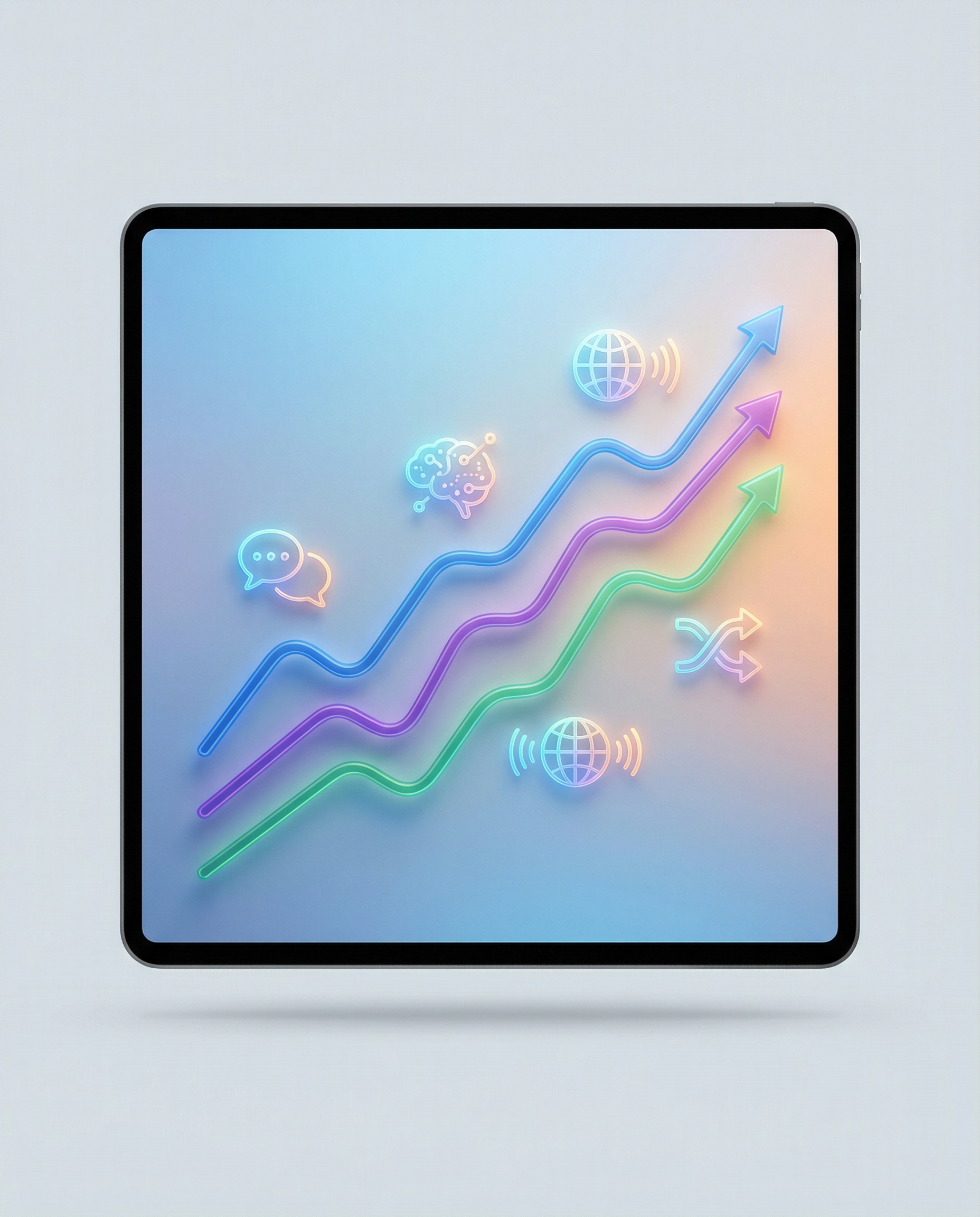 Infographic depicting trends in AI-driven translation technologies with rising line graphs and abstract language icons, modern color palette