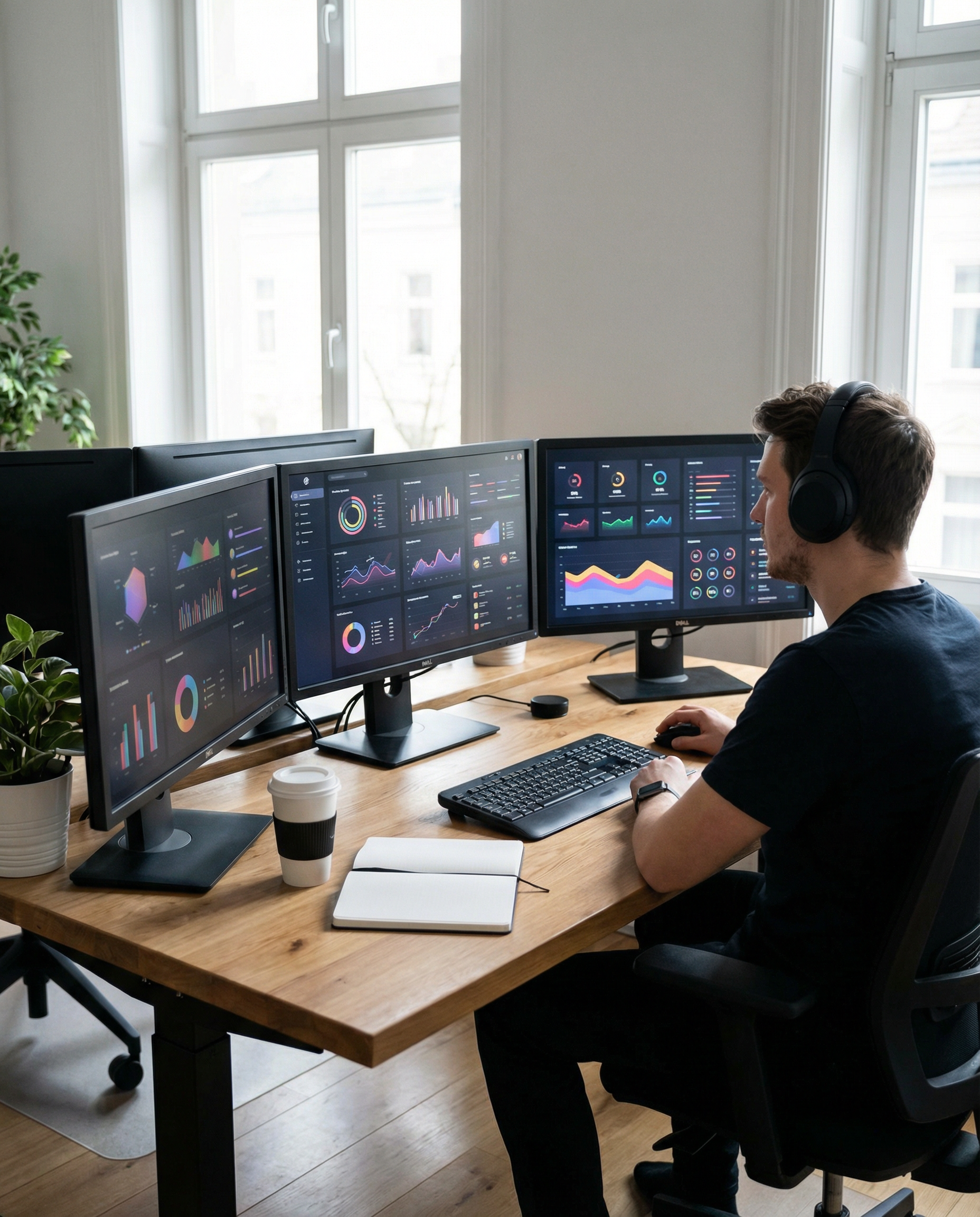 Scene of a translator working at a desk with multiple screens displaying AI translation software, focused and modern workspace