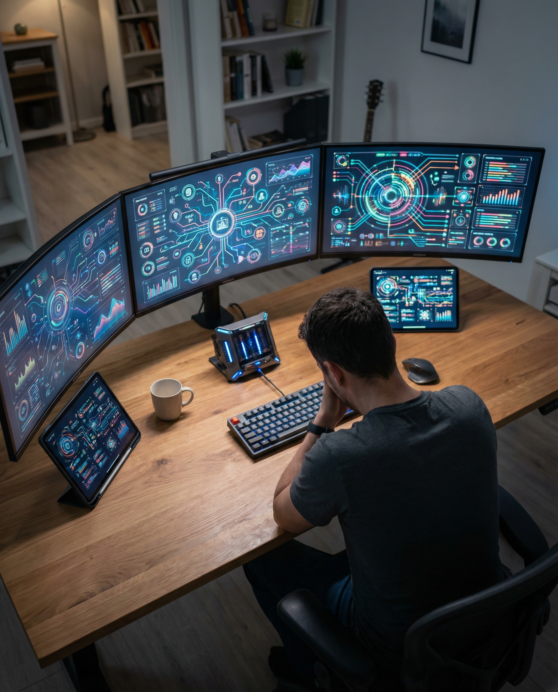 Scene of a translator at a desk surrounded by multiple screens displaying translation software, emphasizing the shift to AI technology.