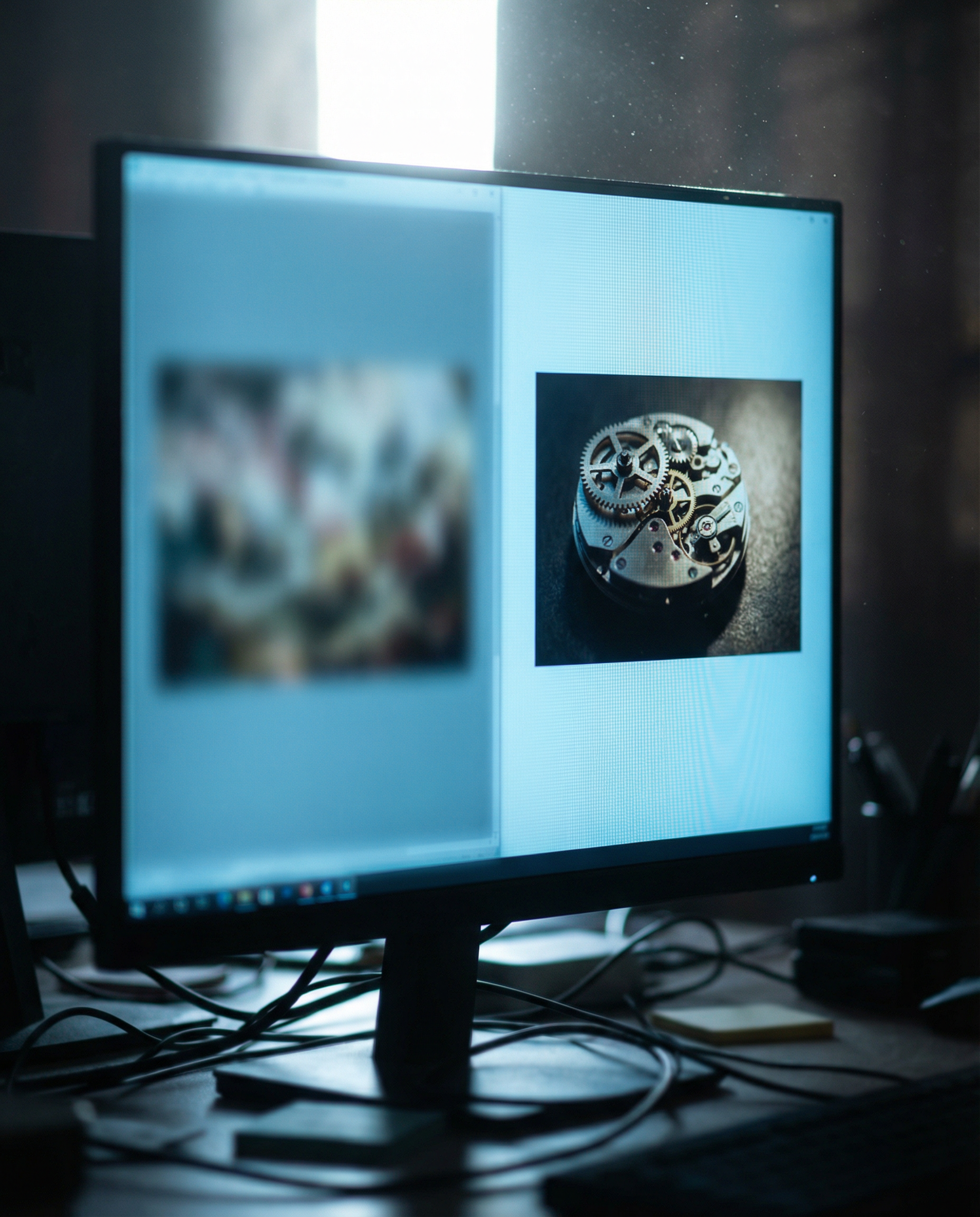 Photorealistic editorial photograph: dramatic macro close-up of computer screen displaying two AI-generated blog images side-by-side for comparison, left image created from basic amateur prompt shows