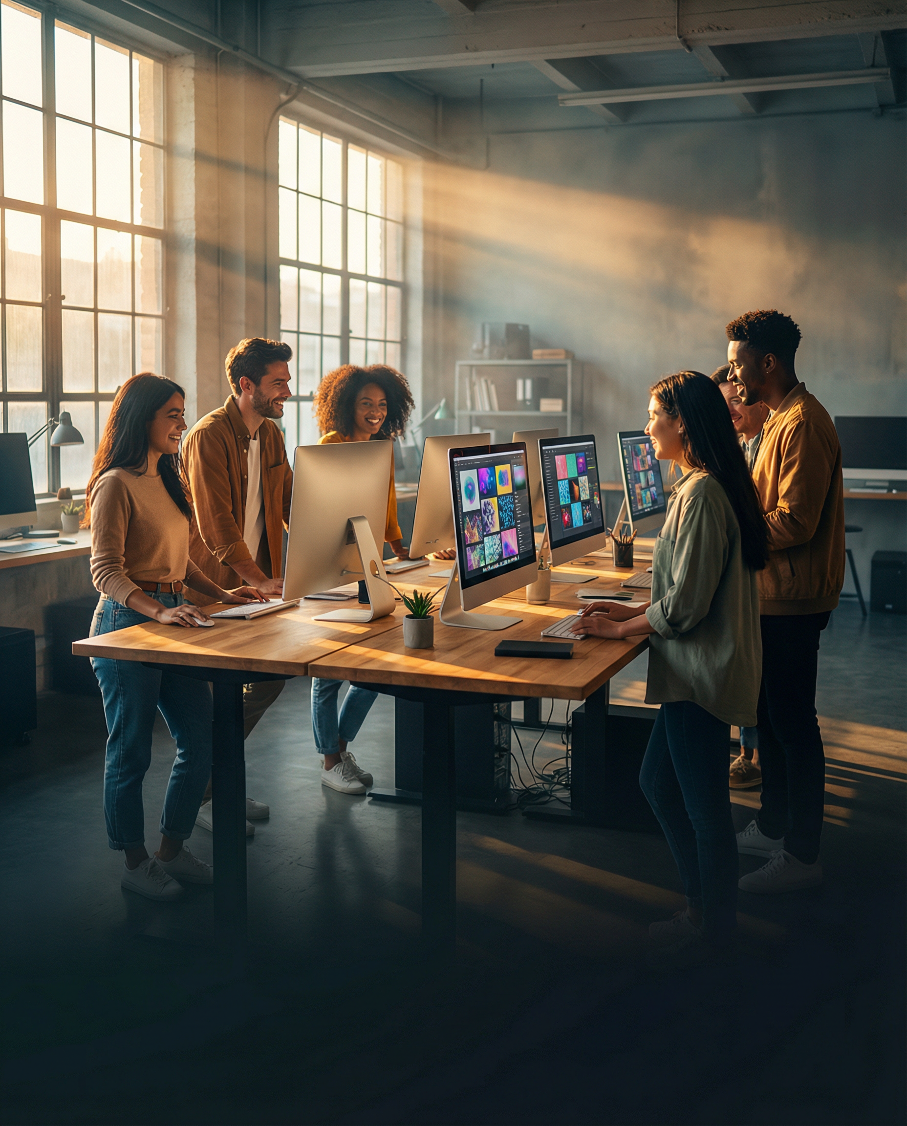 Photorealistic editorial photograph: wide establishing shot of modern content operations workspace, multiple monitors displaying various AI image generators side-by-side (Midjourney, DALL-E, Firefly i