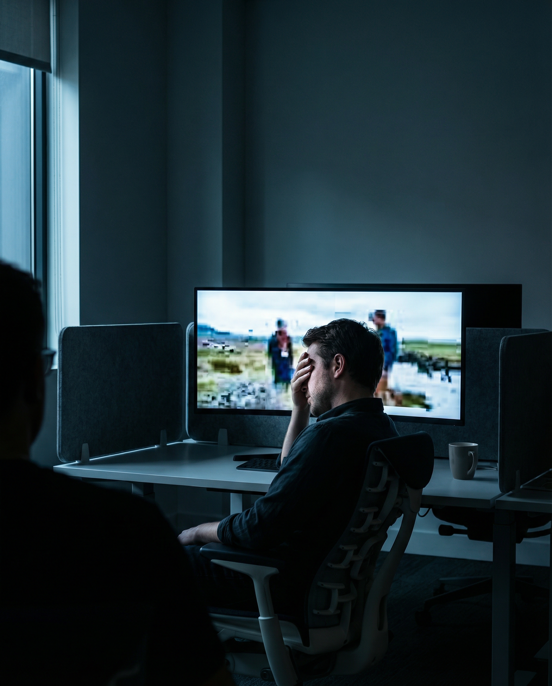 Photorealistic editorial photograph: frustrated content team member staring at pixelated low-resolution AI image displayed on large 4K monitor, obvious quality degradation visible as blocky artifacts,