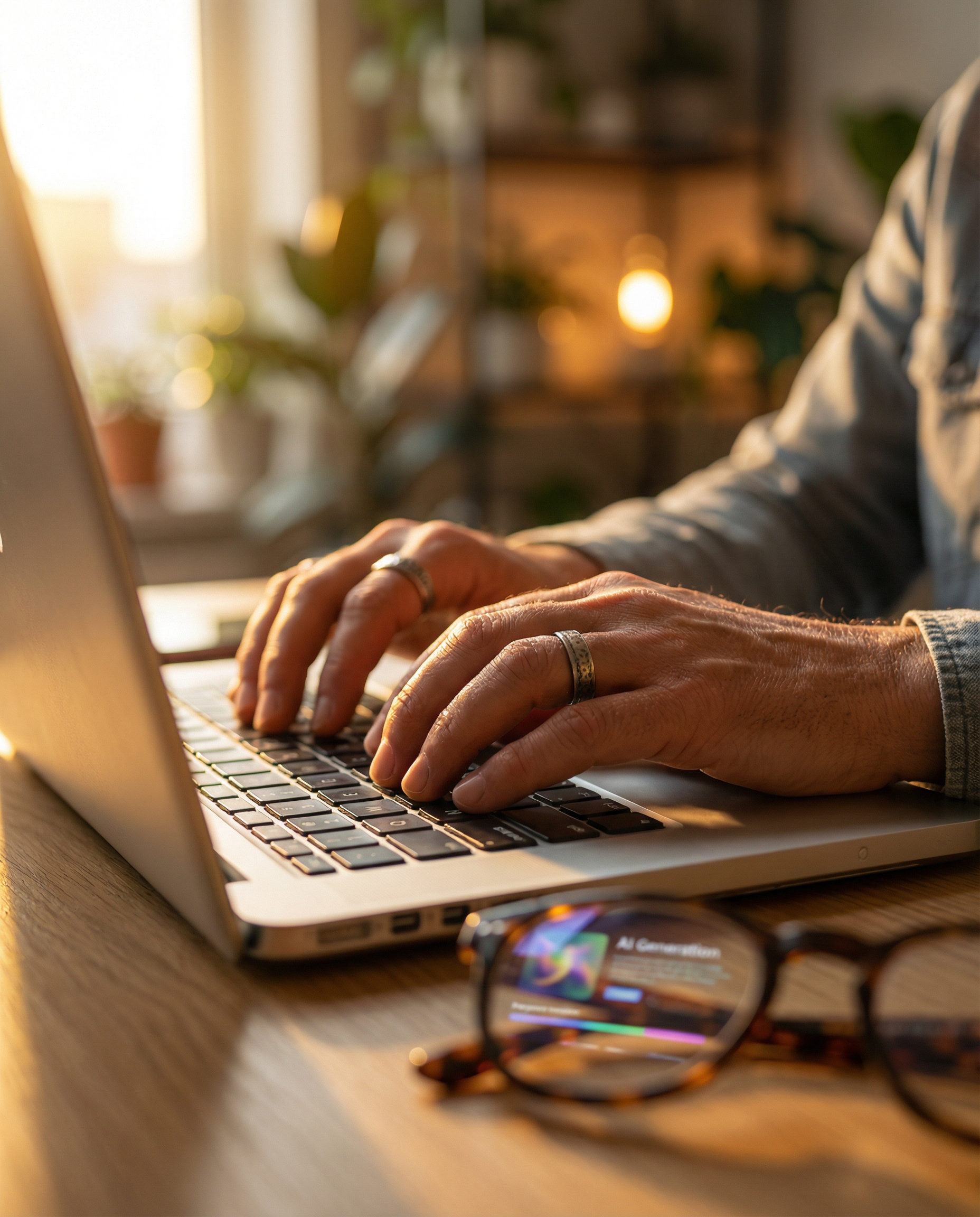 Photorealistic editorial close-up photograph: content marketer's hands typing prompt into laptop keyboard in foreground, screen reflection visible in reading glasses resting on desk showing AI image g