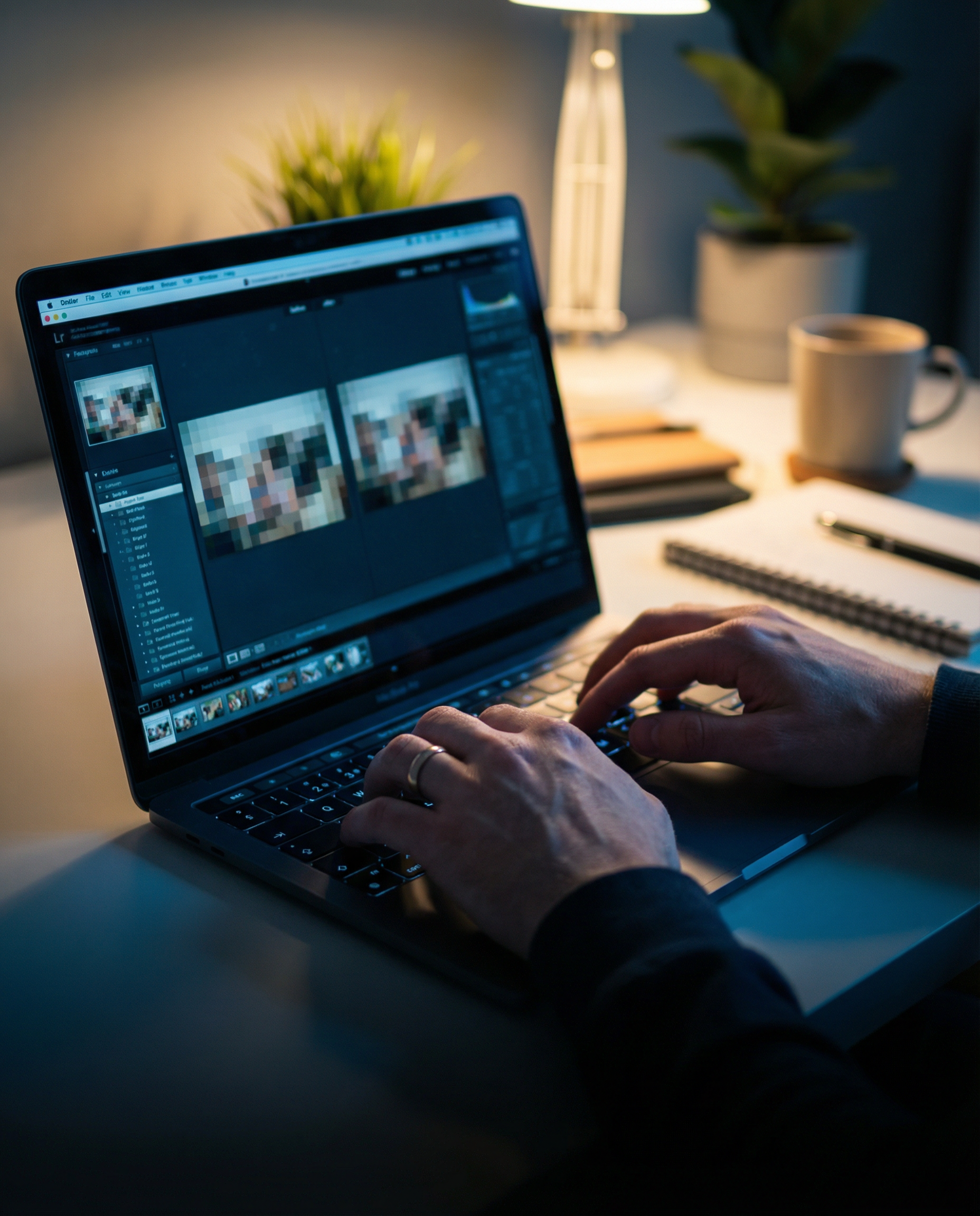 Photorealistic editorial close-up photograph: content marketer's hands typing prompting technique into laptop, screen glowing with AI image generator interface showing before/after thumbnail compariso