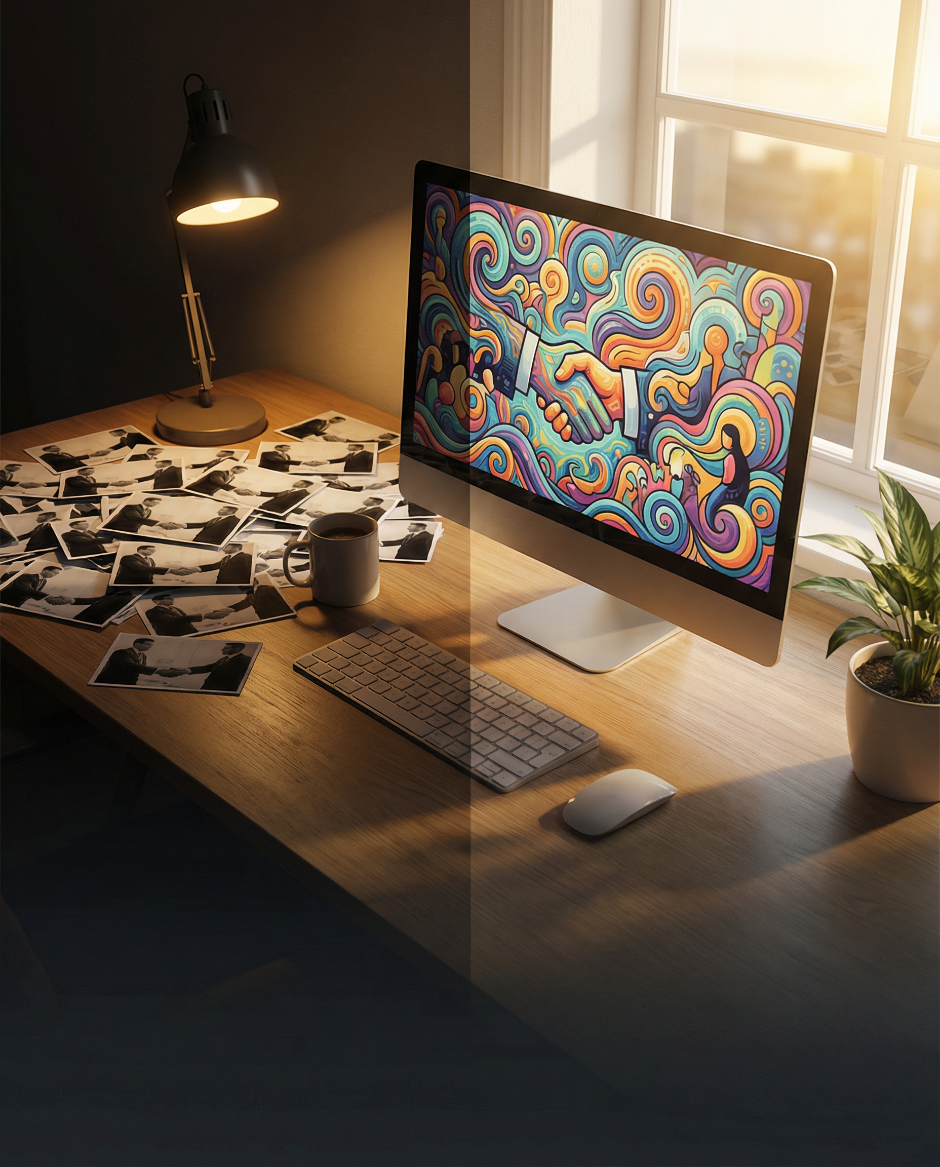 Photorealistic editorial photograph: split-screen comparison showing left side cluttered with identical corporate handshake stock photos scattered across desk, right side displaying vibrant unique AI-