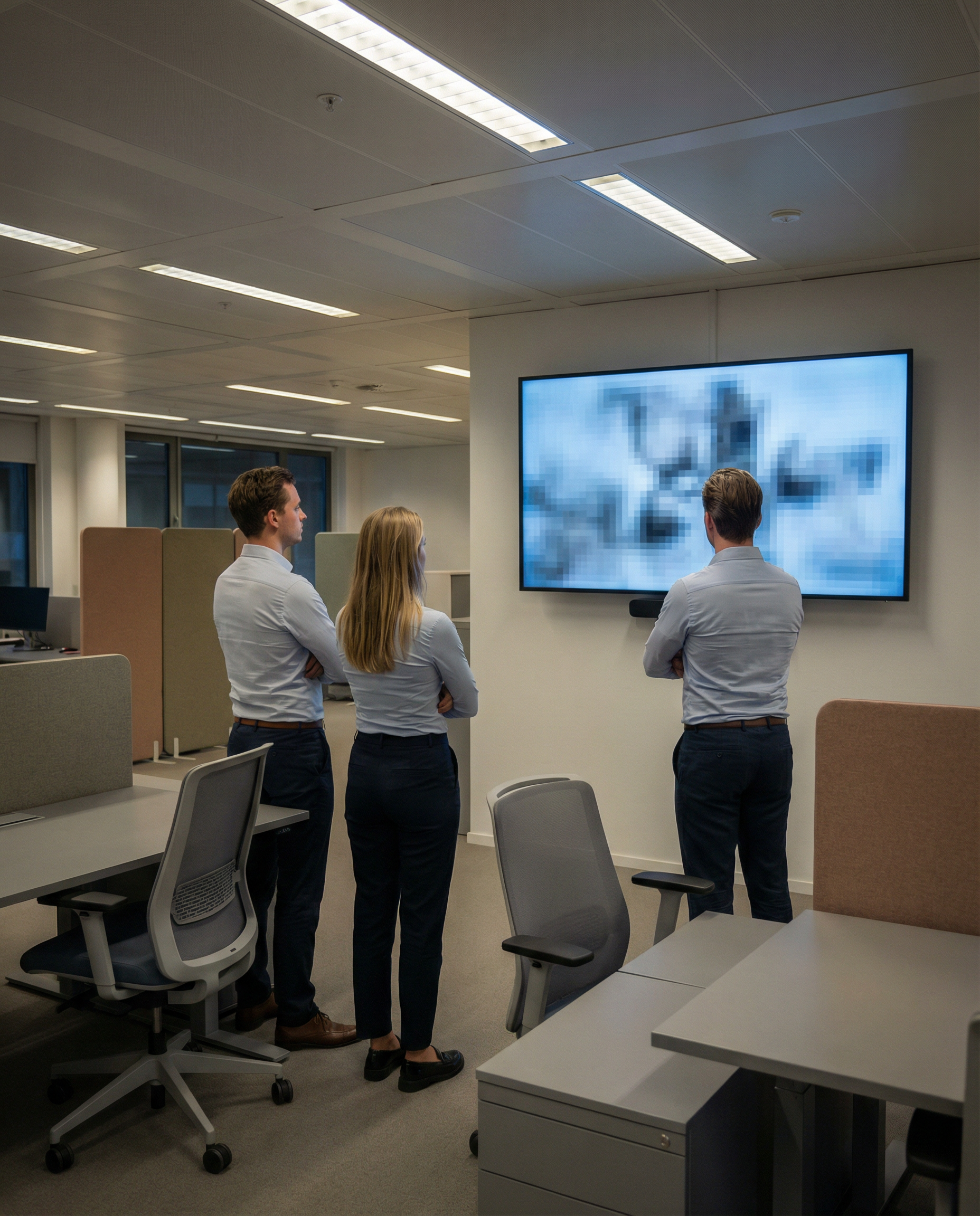 Photorealistic editorial photograph: modern content team workspace, large wall-mounted monitor displaying pixelated low-resolution AI image that looks obviously amateur and blurry, three marketing pro