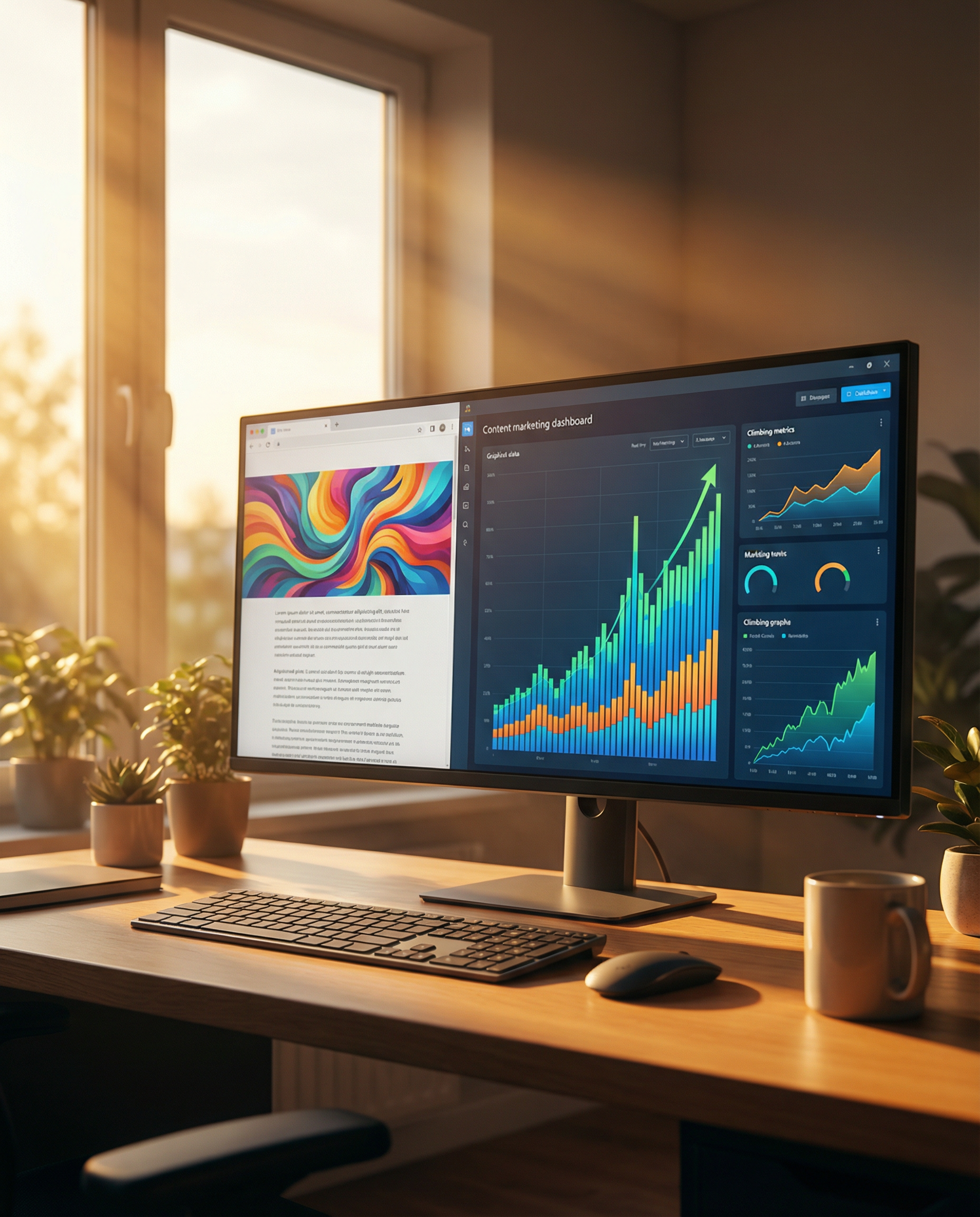 Photorealistic editorial photograph: content marketing dashboard on ultrawide monitor showing analytics spike, vibrant custom AI-generated blog header visible on published article in browser tab, enga