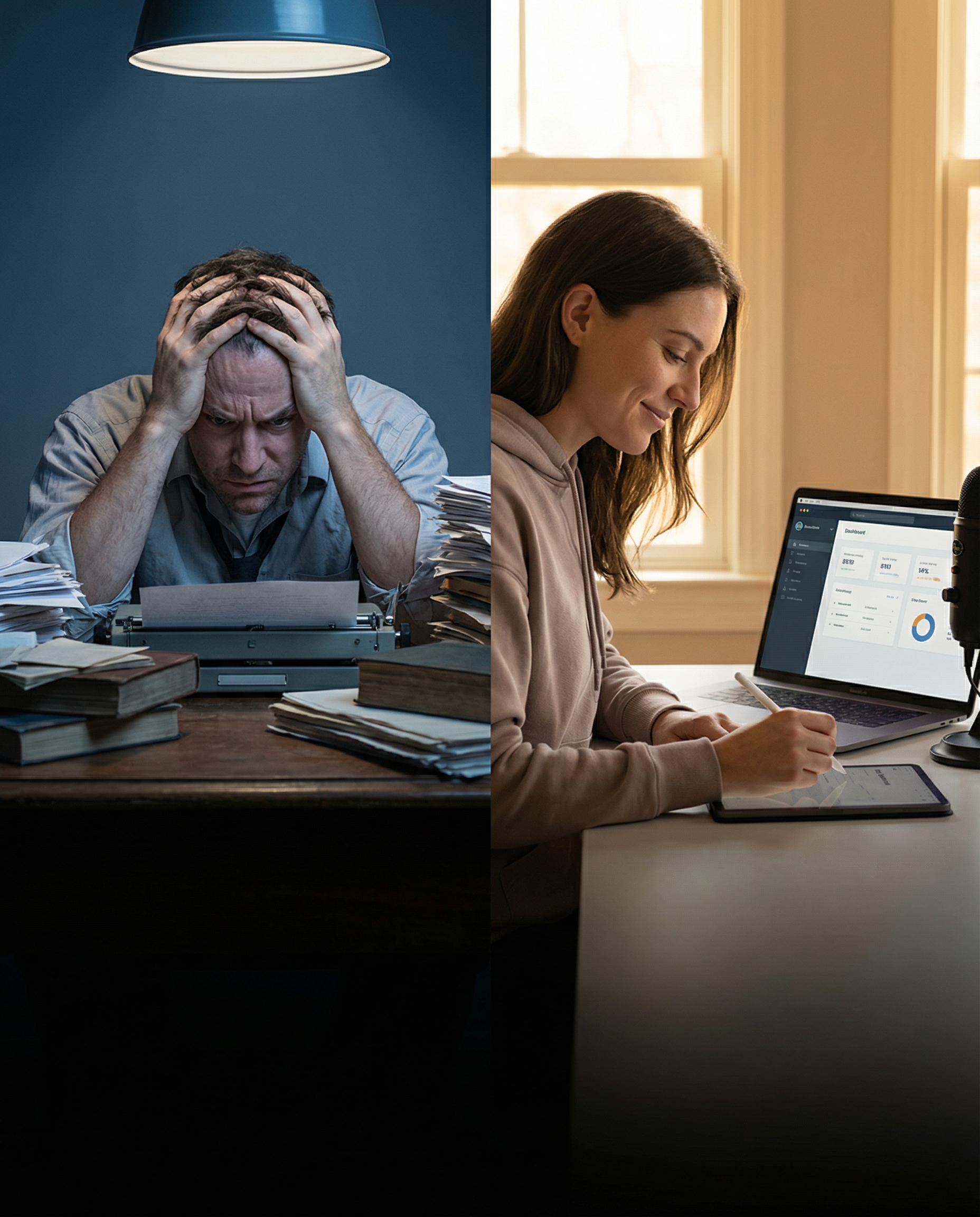 Photorealistic editorial photograph: dramatic split-screen composition showing contrast between old and new workflows, left side features stressed writer surrounded by stacks of research papers in dim