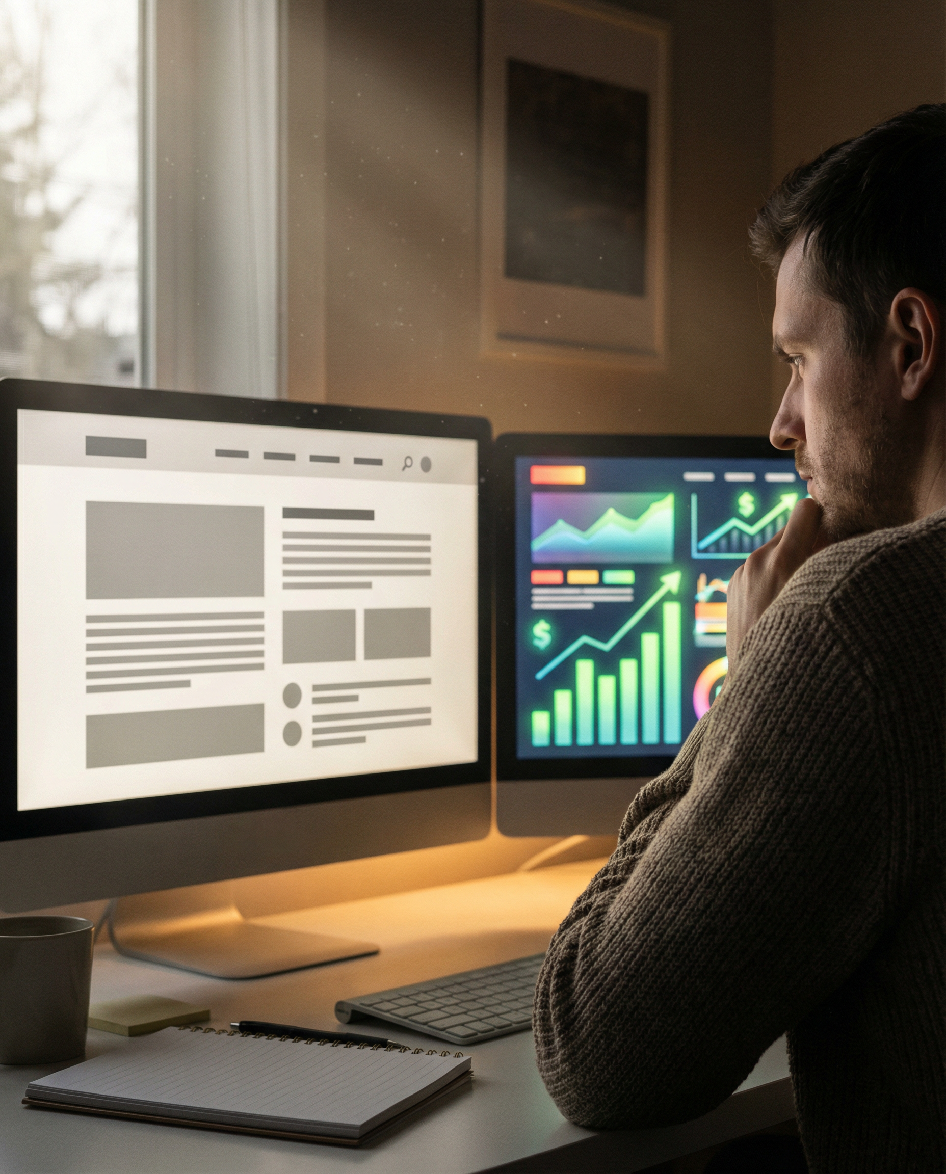 Photorealistic editorial photograph: intimate over-the-shoulder shot of a content strategist reviewing side-by-side comparison of two article drafts on dual monitors, one screen showing generic templa