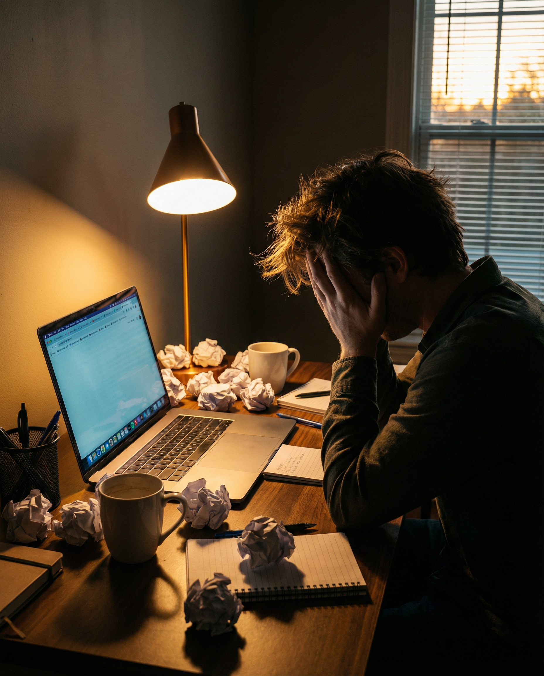 Photorealistic editorial photograph: frustrated content writer at desk surrounded by crumpled paper drafts and multiple browser tabs open showing endless Google research, warm desk lamp creating drama