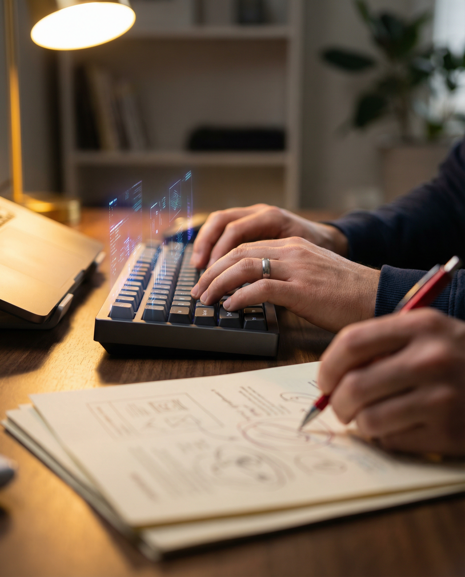 Photorealistic editorial photograph: close-up macro shot of human hands typing on a sleek keyboard with holographic AI interface elements subtly projected above the keys in cool blue light, another ha