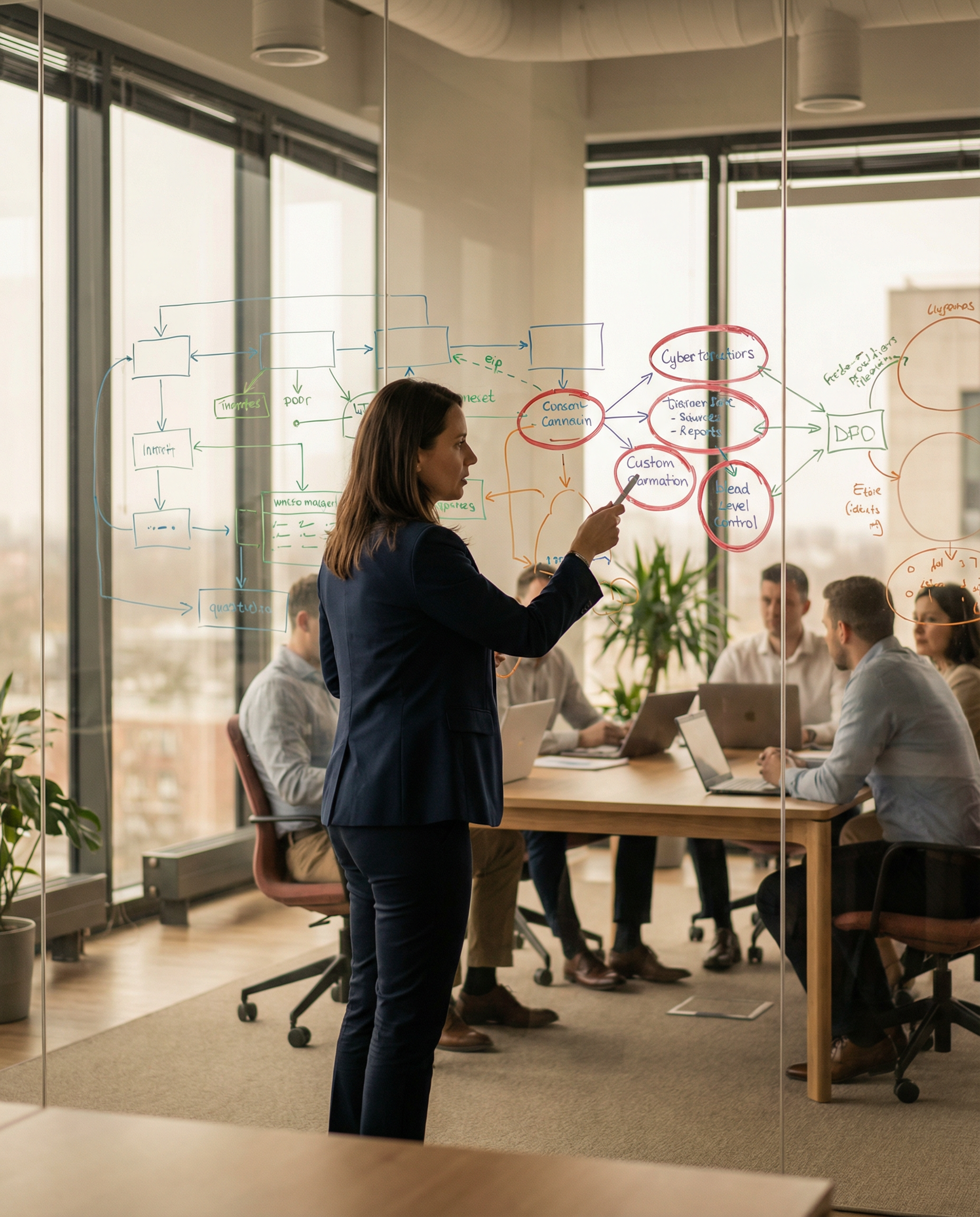 Photorealistic editorial photograph: wide establishing shot of a modern marketing team war room with a large glass whiteboard covered in workflow diagrams drawn with colorful markers, a woman in busin