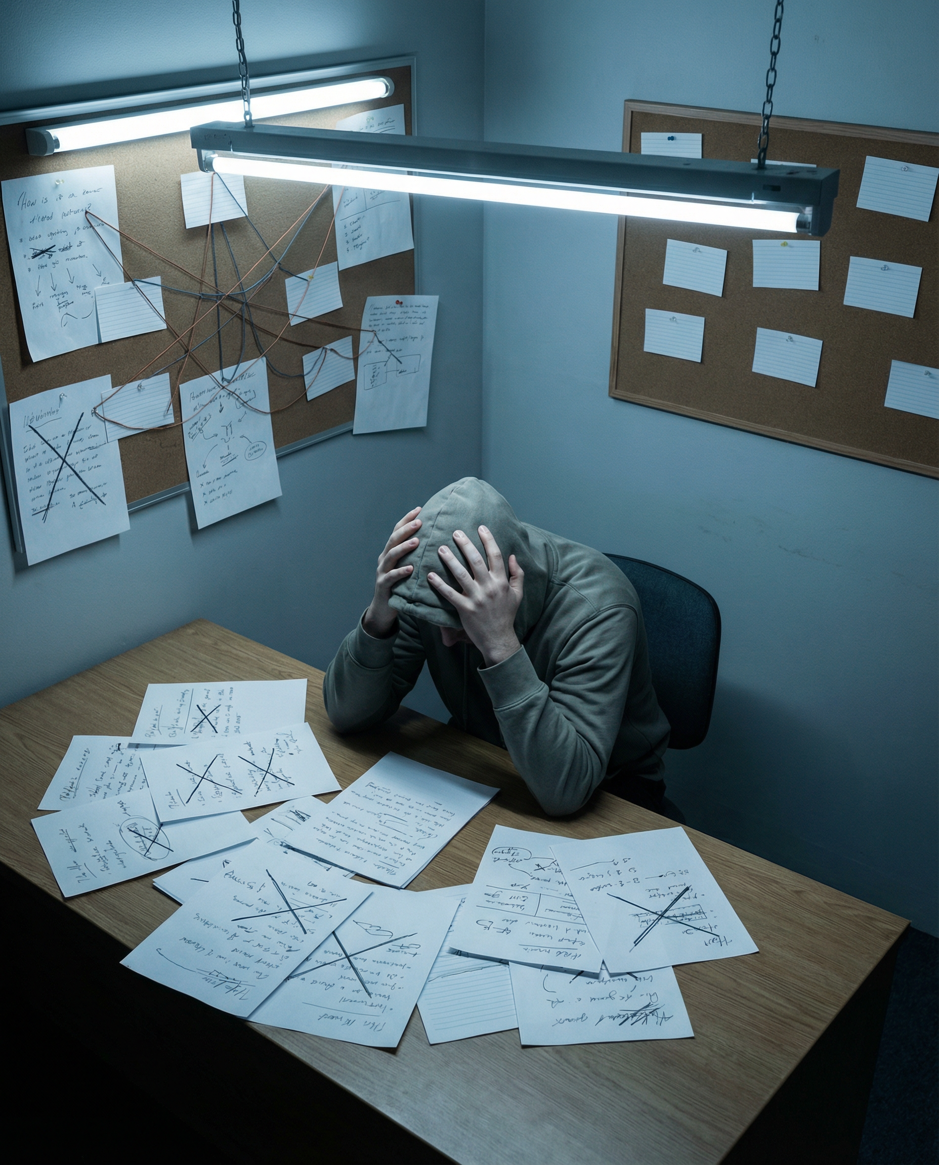 Photorealistic editorial photograph: split composition showing a frustrated content manager at desk with head in hands surrounded by multiple printed pages spread chaotically, documents show visible c