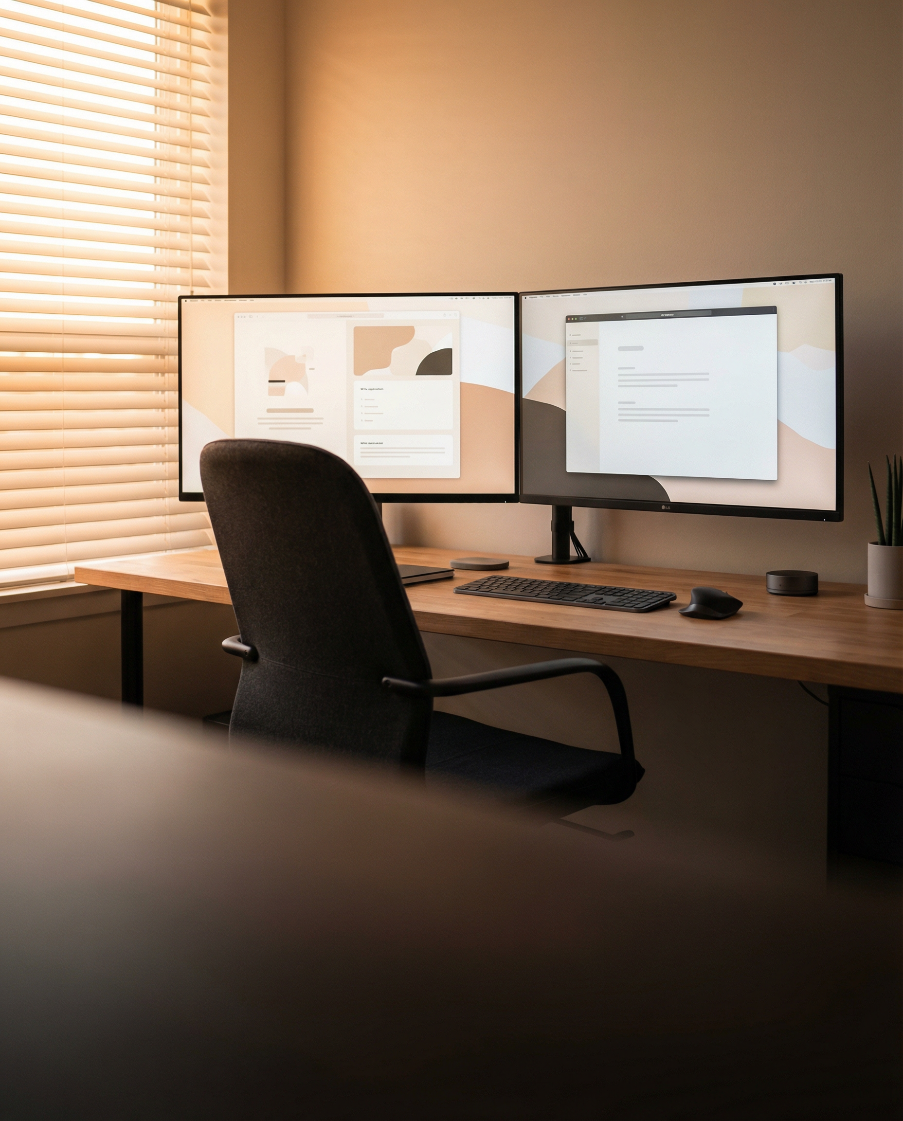 Photorealistic editorial photograph: wide establishing shot of modern minimalist office desk with two monitors side by side displaying different writing interfaces, ergonomic chair positioned between