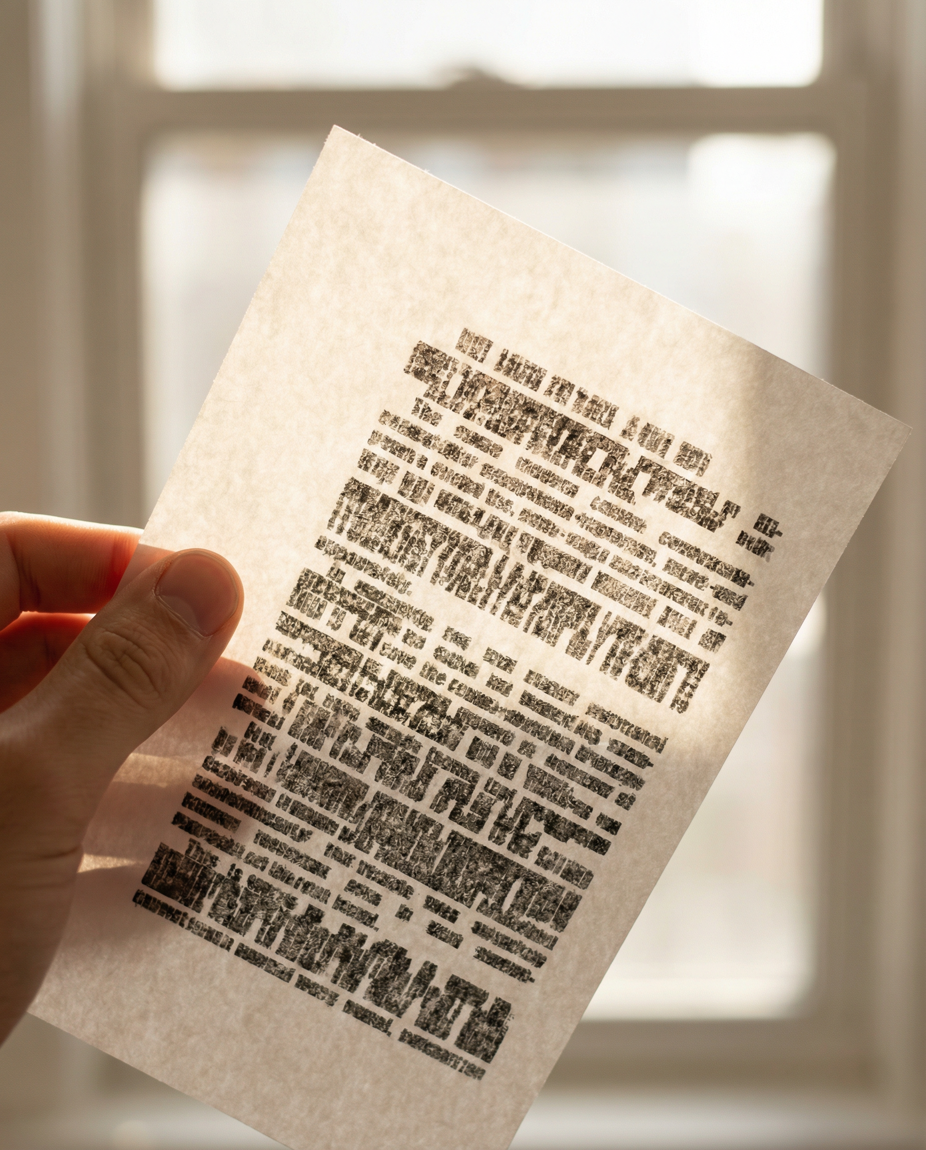 Photorealistic editorial photograph: extreme close-up macro shot of a printed document being held up to light, showing dense paragraphs of text with visible coherent structure and flow, human hand hol