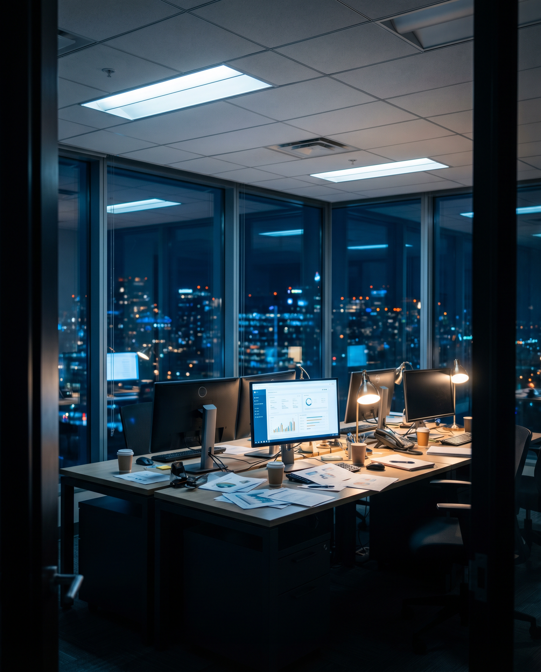Photorealistic editorial photograph: wide shot of modern corporate office at night, floor-to-ceiling windows revealing city lights, foreground shows abandoned marketing workspace with multiple monitor