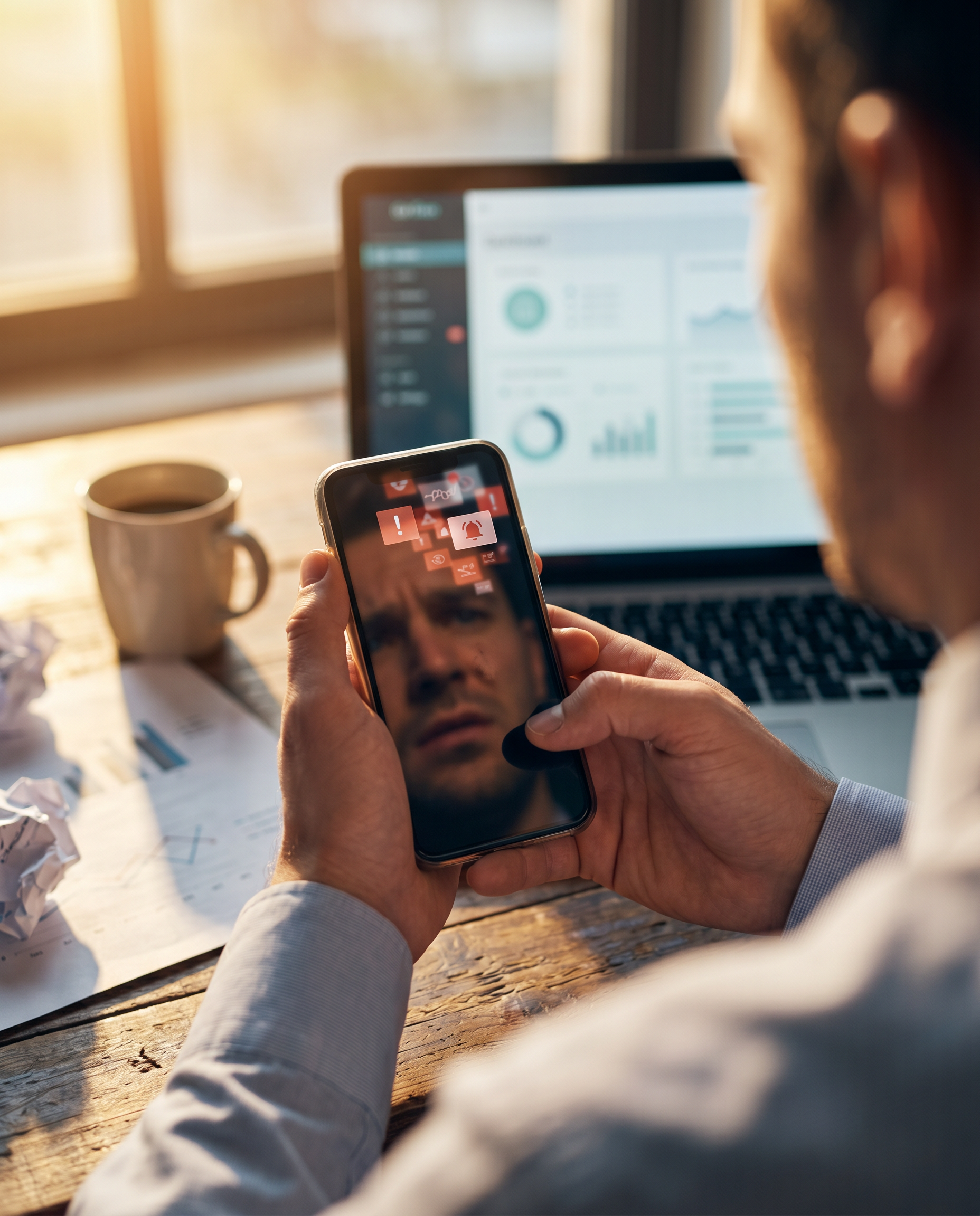 Photorealistic editorial photograph: tight over-the-shoulder shot of marketing manager's hands holding smartphone displaying cascading notifications of customer data exposure alerts, background shows