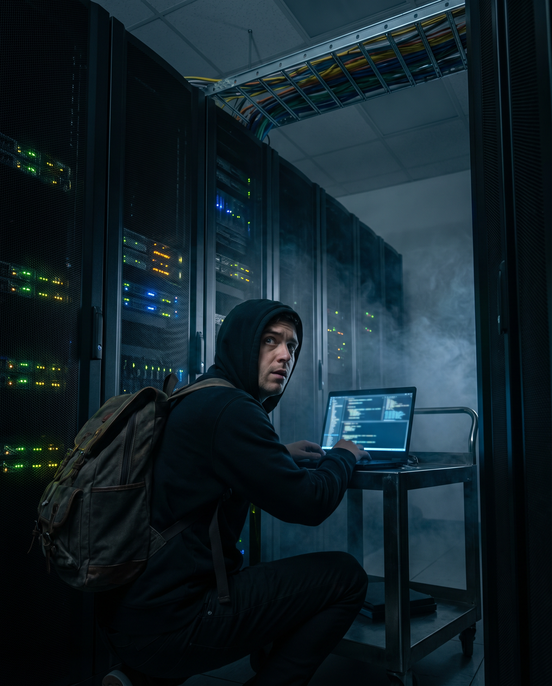Photorealistic editorial photograph: dramatic low-angle shot of security researcher in dim server room, illuminated only by laptop screen glow, standing between towering black server racks with blinki