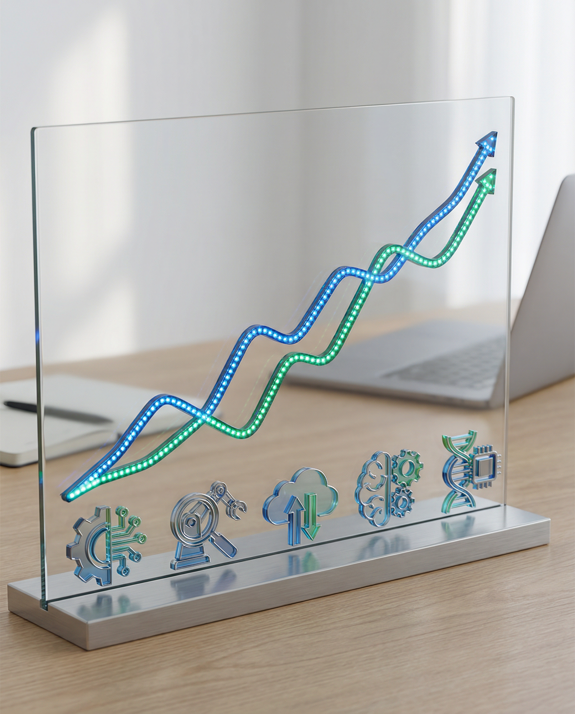 Infographic displaying AI adoption trends in startups, featuring rising line graphs and icon representations of technology sectors.