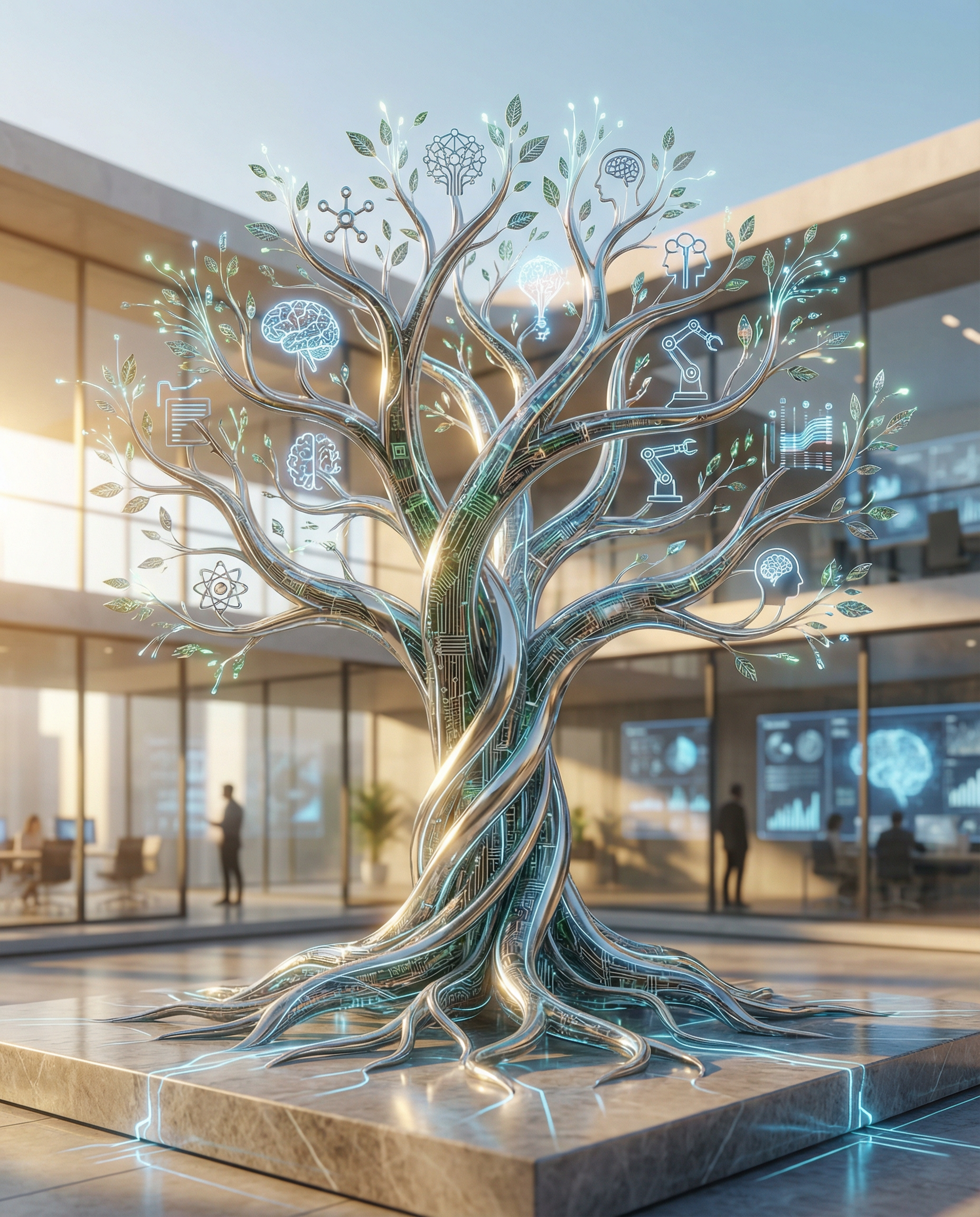 Visual metaphor of a tree with branches labeled as different AI technologies, symbolizing growth and innovation in AI-native businesses.