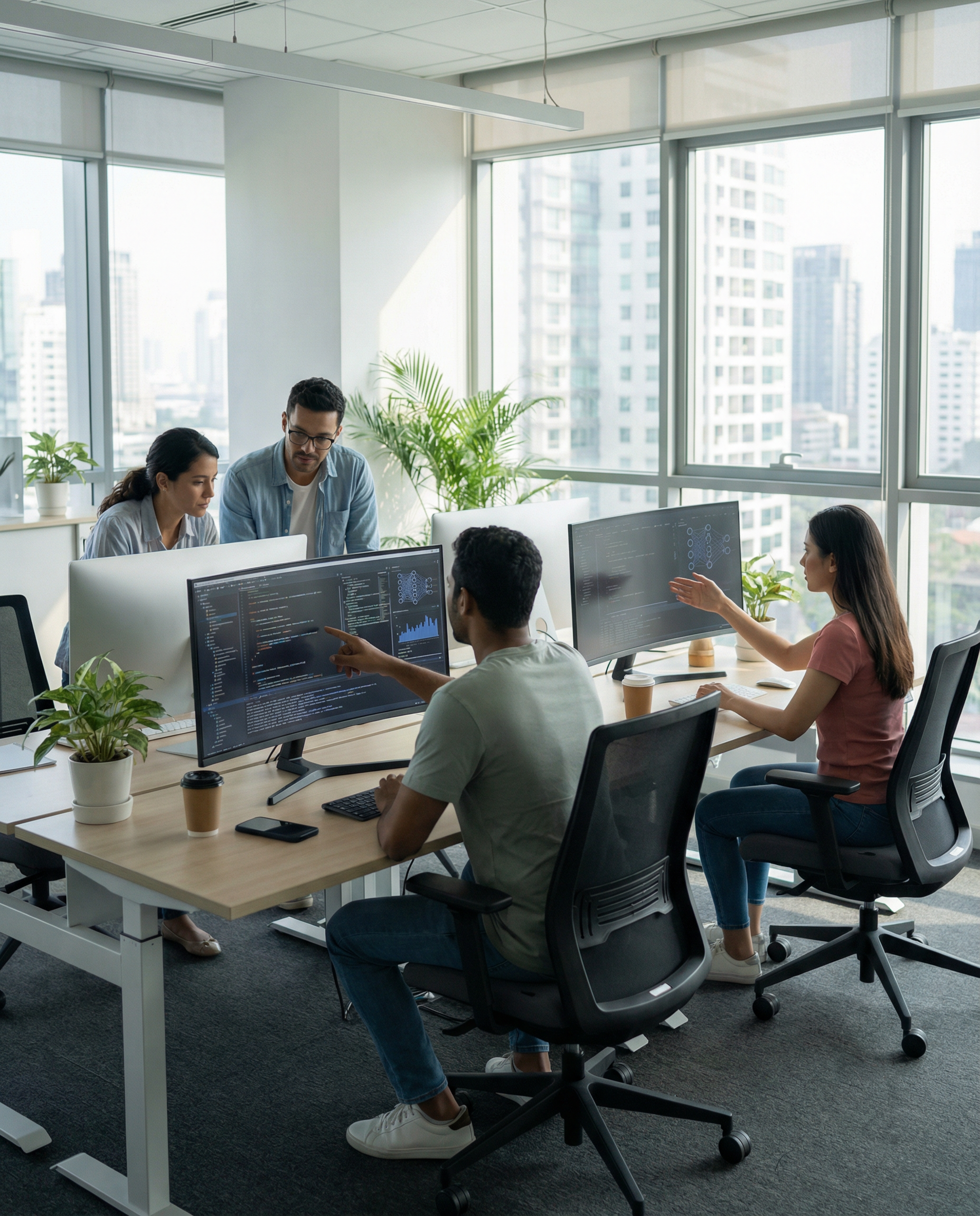 Team of engineers collaborating on AI software coding at modern workstations, with screens displaying algorithms and data analysis.