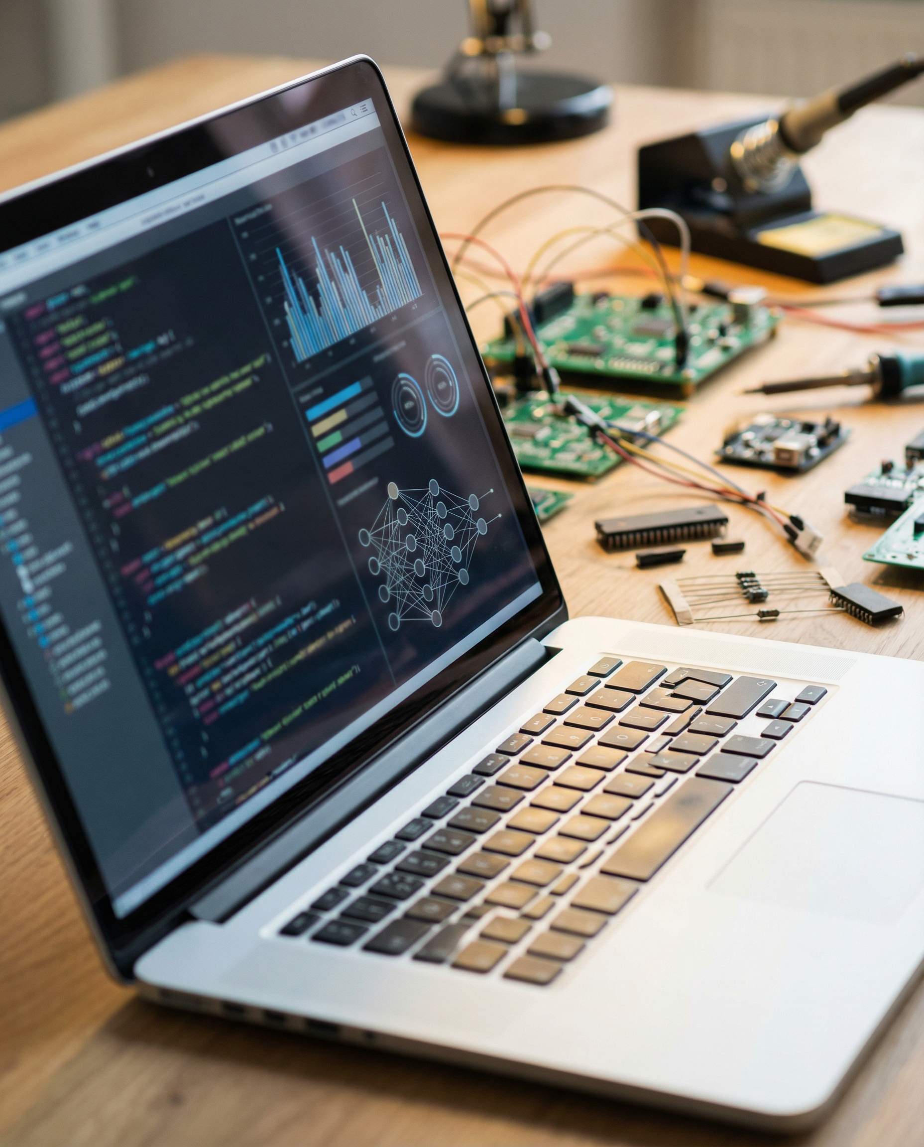 Close-up of a laptop showing AI development tools, with circuit boards and electronic components in the background, emphasizing technology integration.