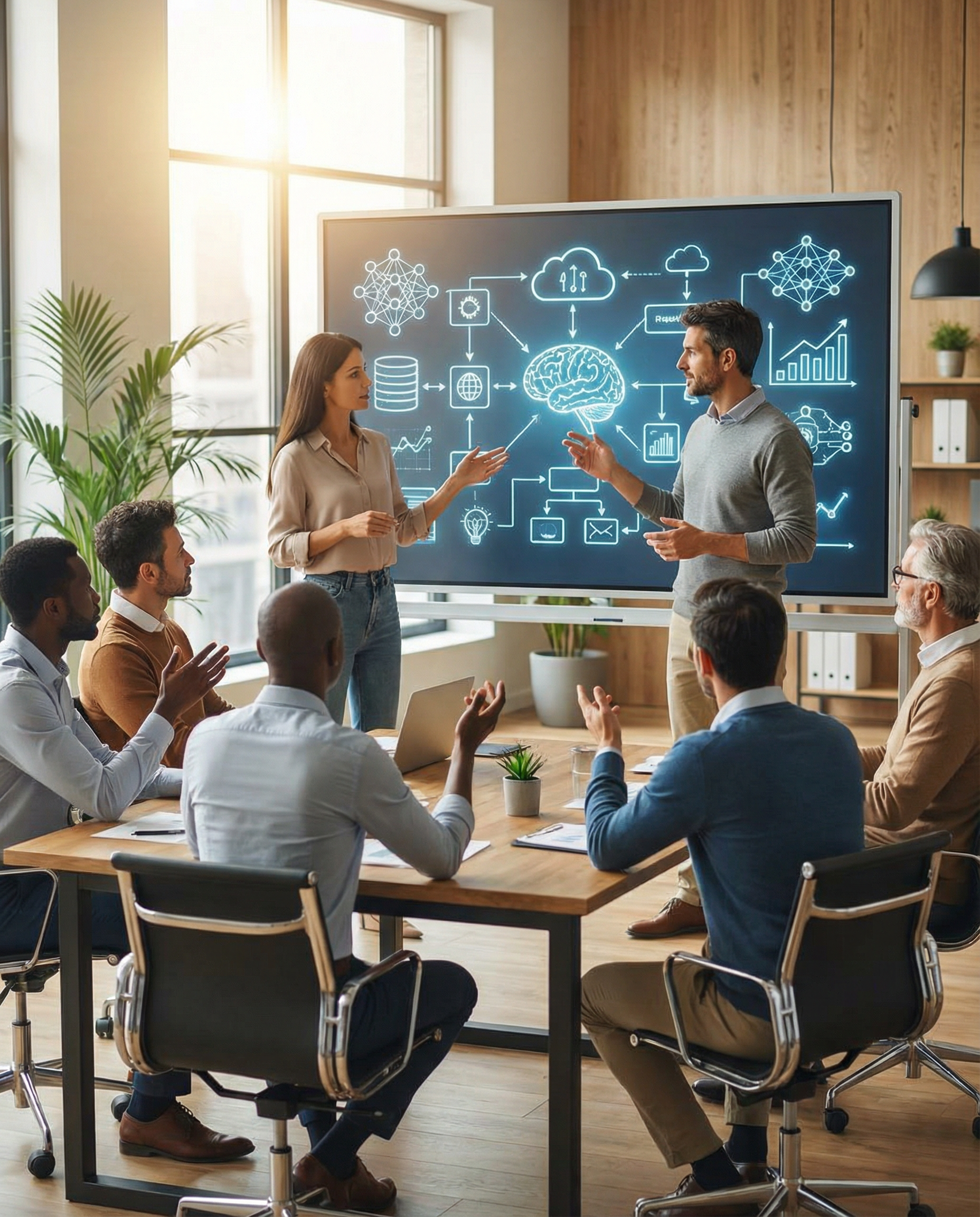 Co-founder and CTO leading a brainstorming session with a diverse team around a digital whiteboard, showcasing AI business strategies.