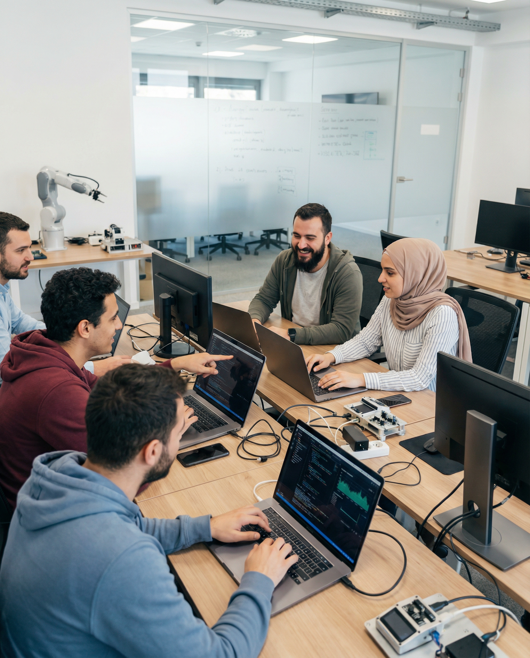 Diverse team of engineers coding and testing AI algorithms on laptops, showcasing an active AI development environment.