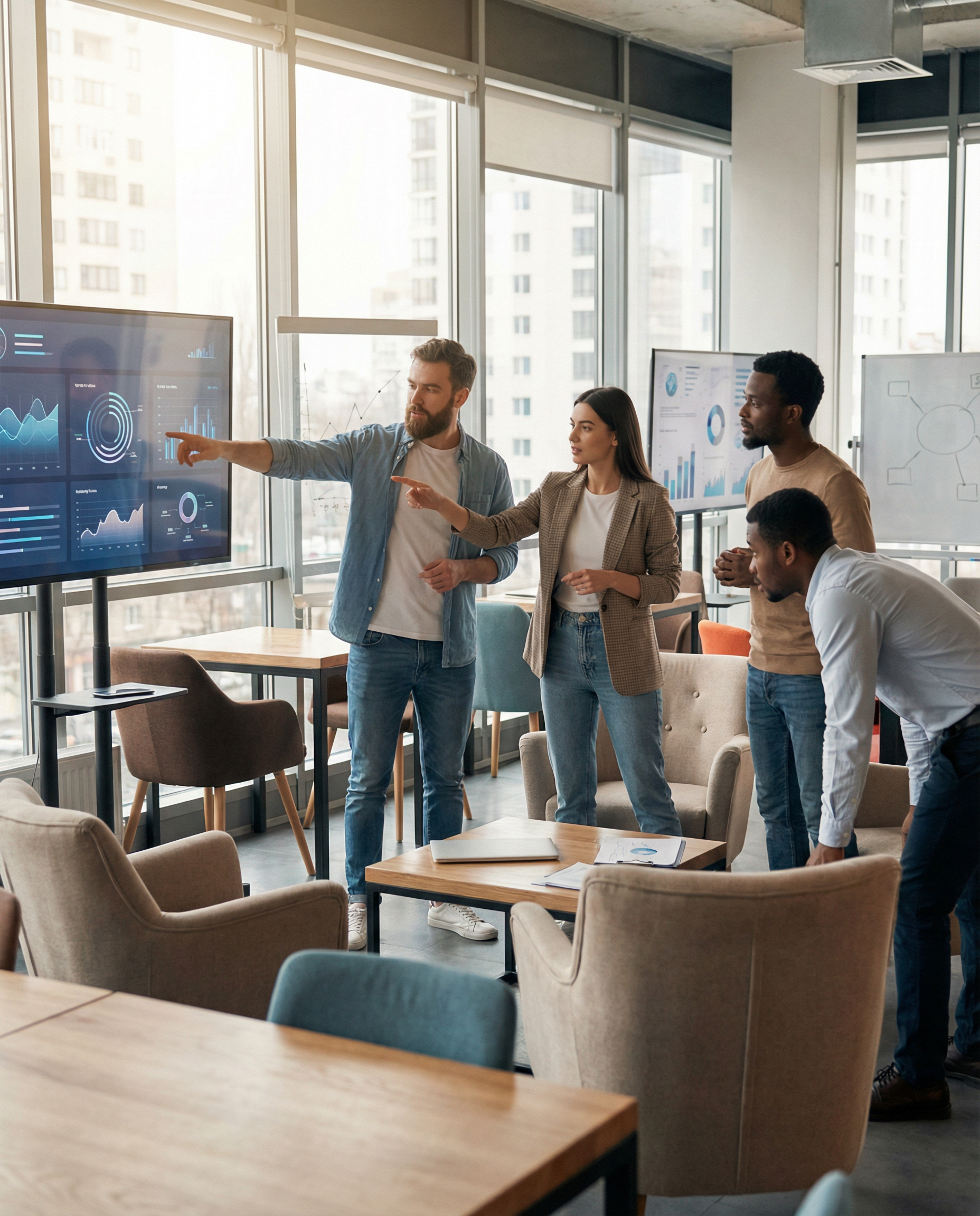 Co-founder and CTO in a collaborative workspace, discussing AI-driven strategies with team members, surrounded by digital screens.