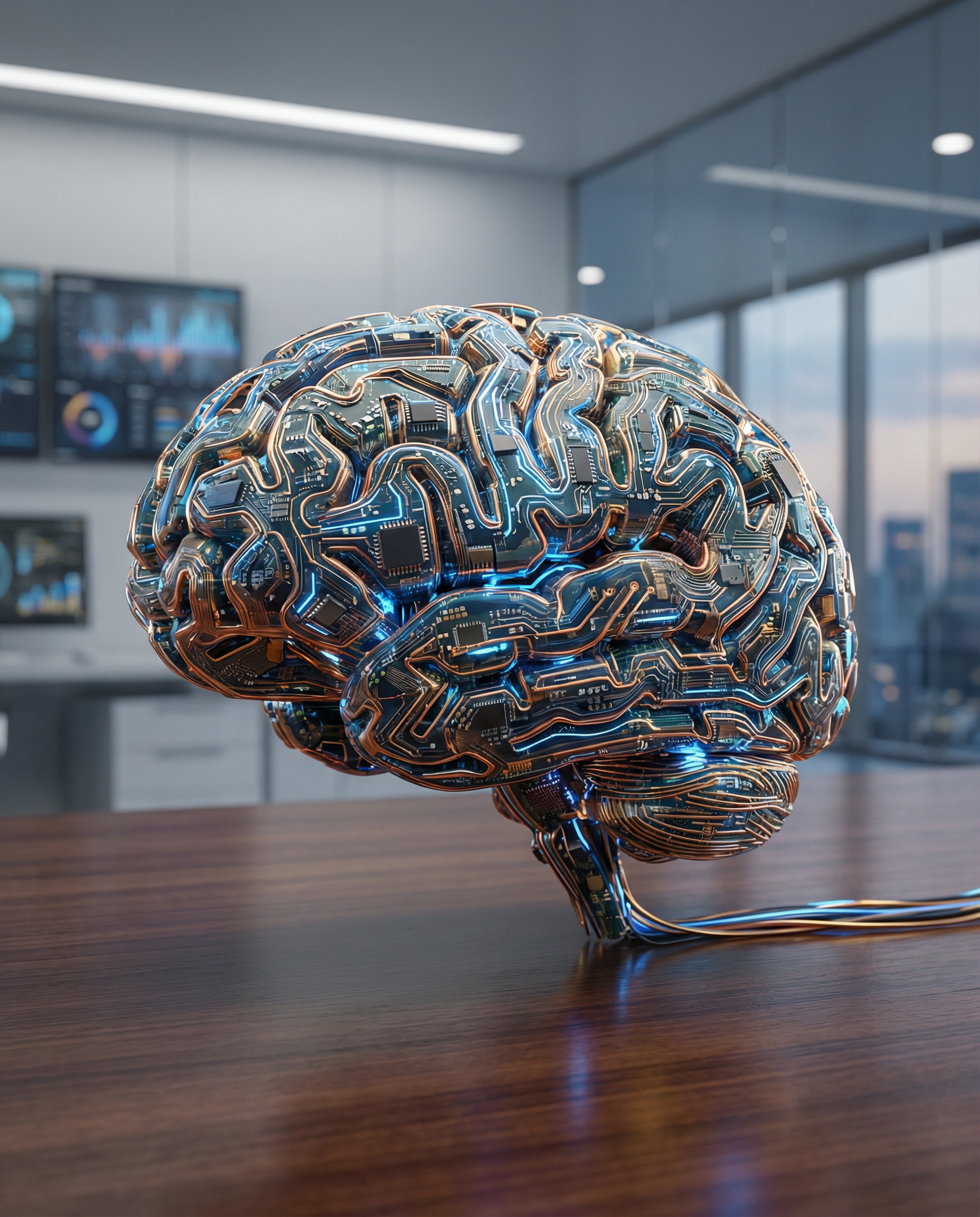 Visual metaphor of a brain made of circuit patterns, symbolizing the integration of AI in business innovation and decision-making.