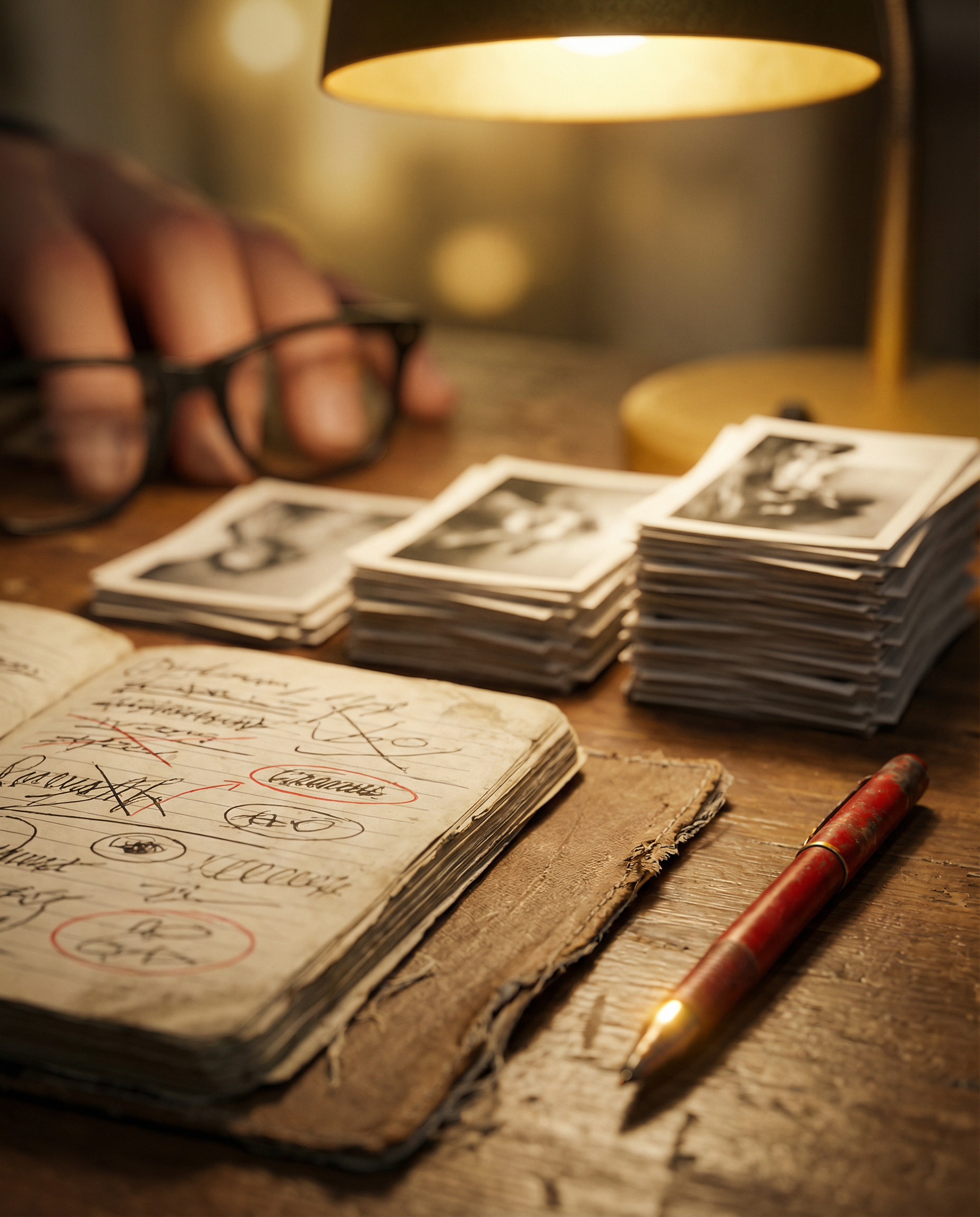 Photorealistic close-up photograph: side view of prompt refinement workflow showing weathered notebook with crossed-out iterations and progressive edits, red pen circles around specific phrases, compa