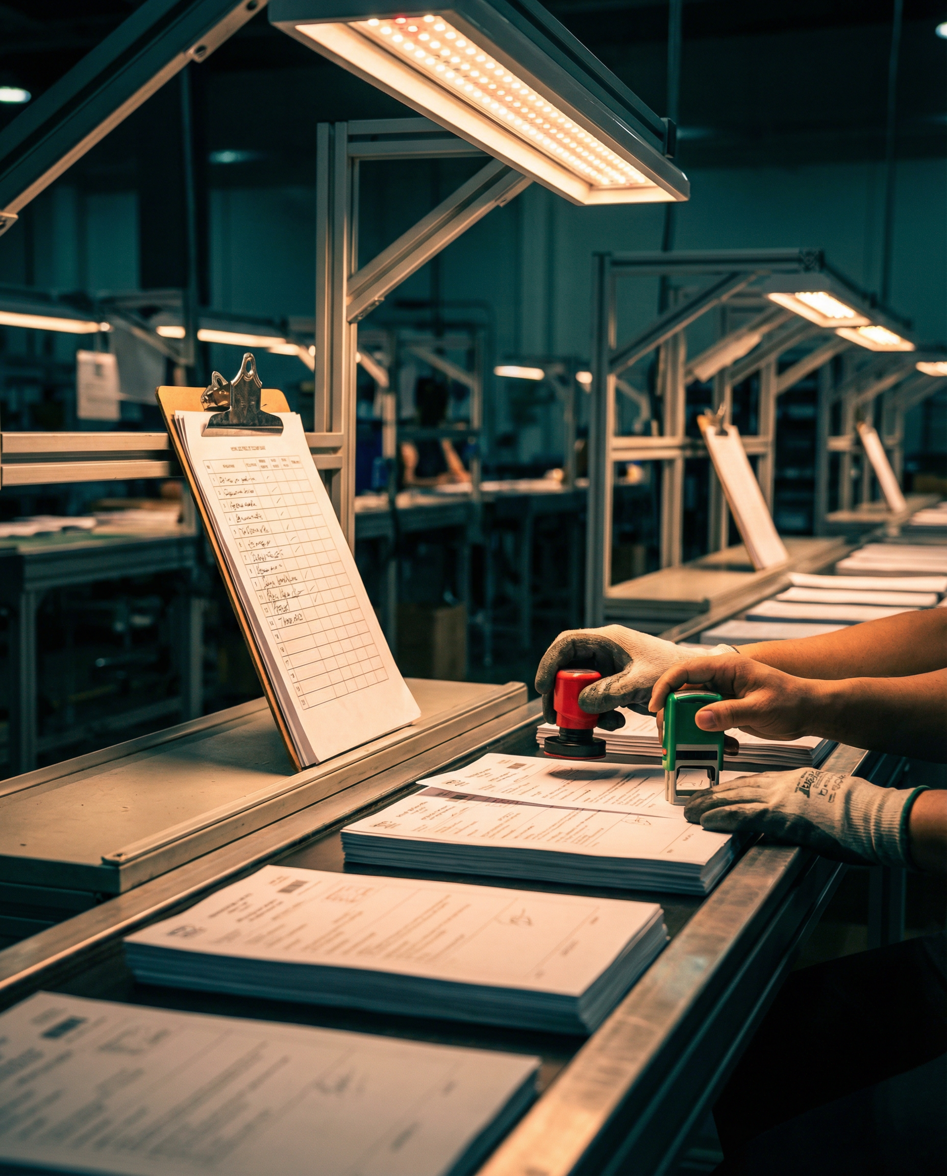 Photorealistic editorial photograph: industrial quality control checkpoint scene with content pages moving along inspection table under bright LED task lighting, hands holding red and green approval s